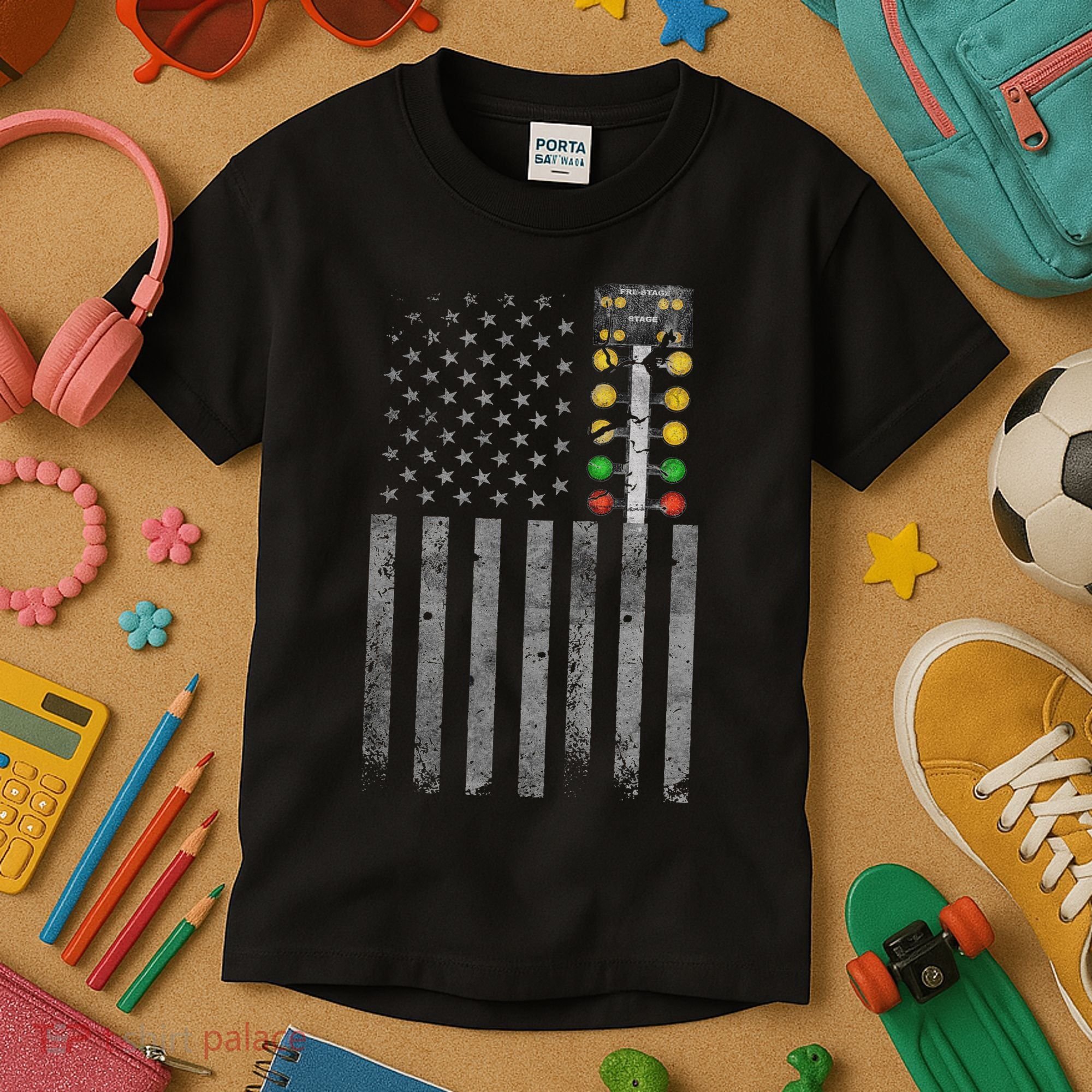 Drag Racing Flag American Drag Racer Drag Strip Tree Light Kids T-Shirt