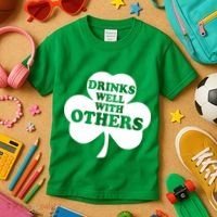 Drinks Well With Others Funny St. Patrick's Day Drinking Kids T-Shirt thumb 3