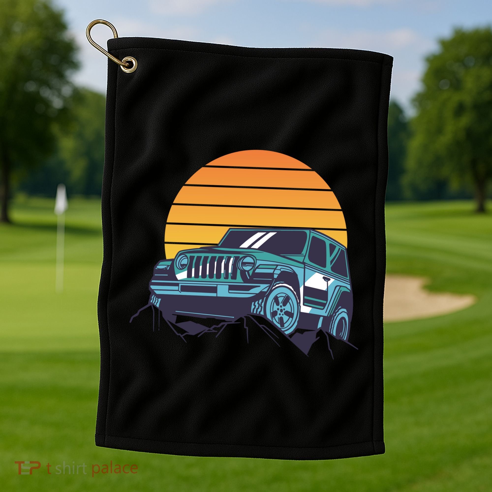 Driving In Sunset Retro Golf Towel