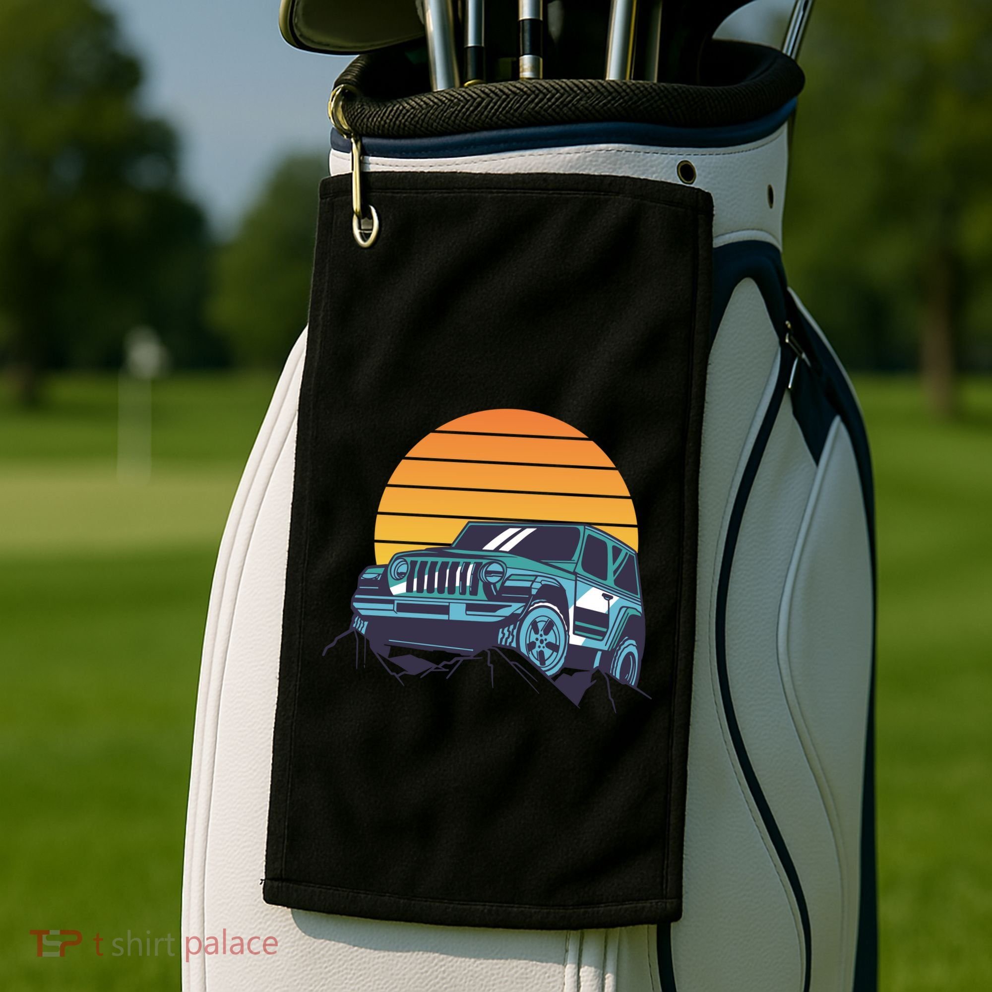 Driving In Sunset Retro Golf Towel