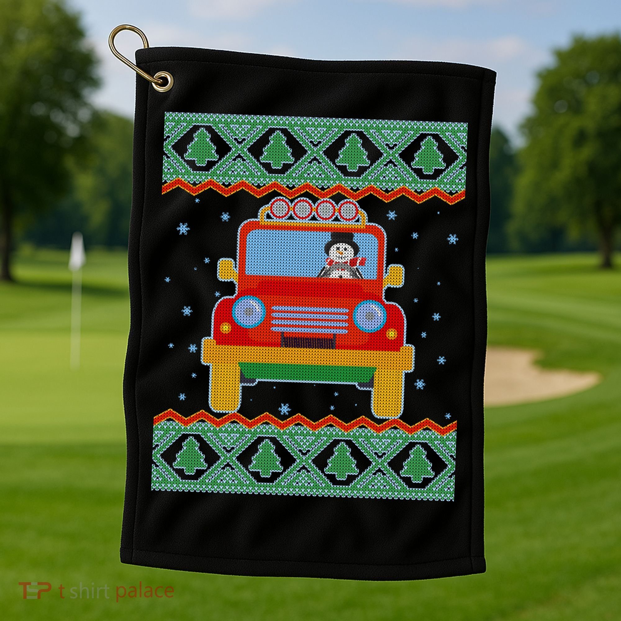 Driving Snowman Truck Ugly Christmas Sweater Golf Towel