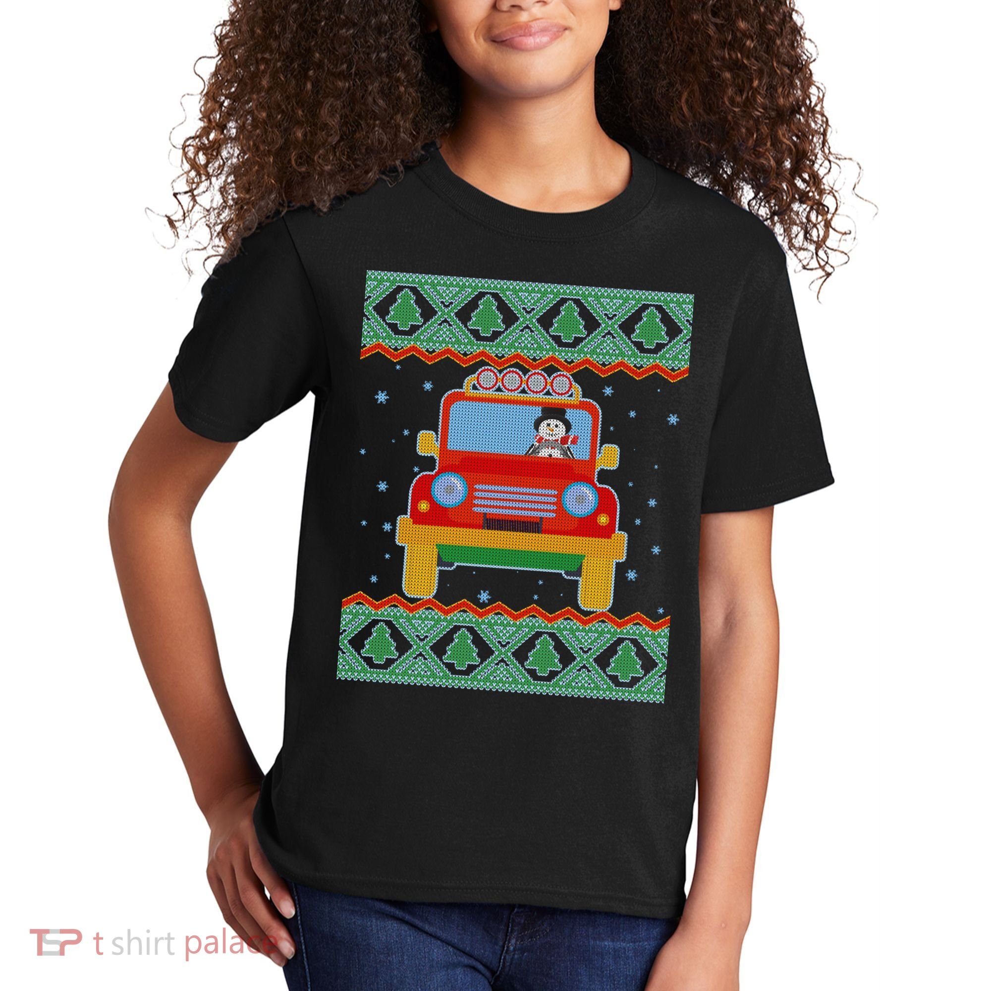 Driving Snowman Truck Ugly Christmas Sweater Kids T-Shirt