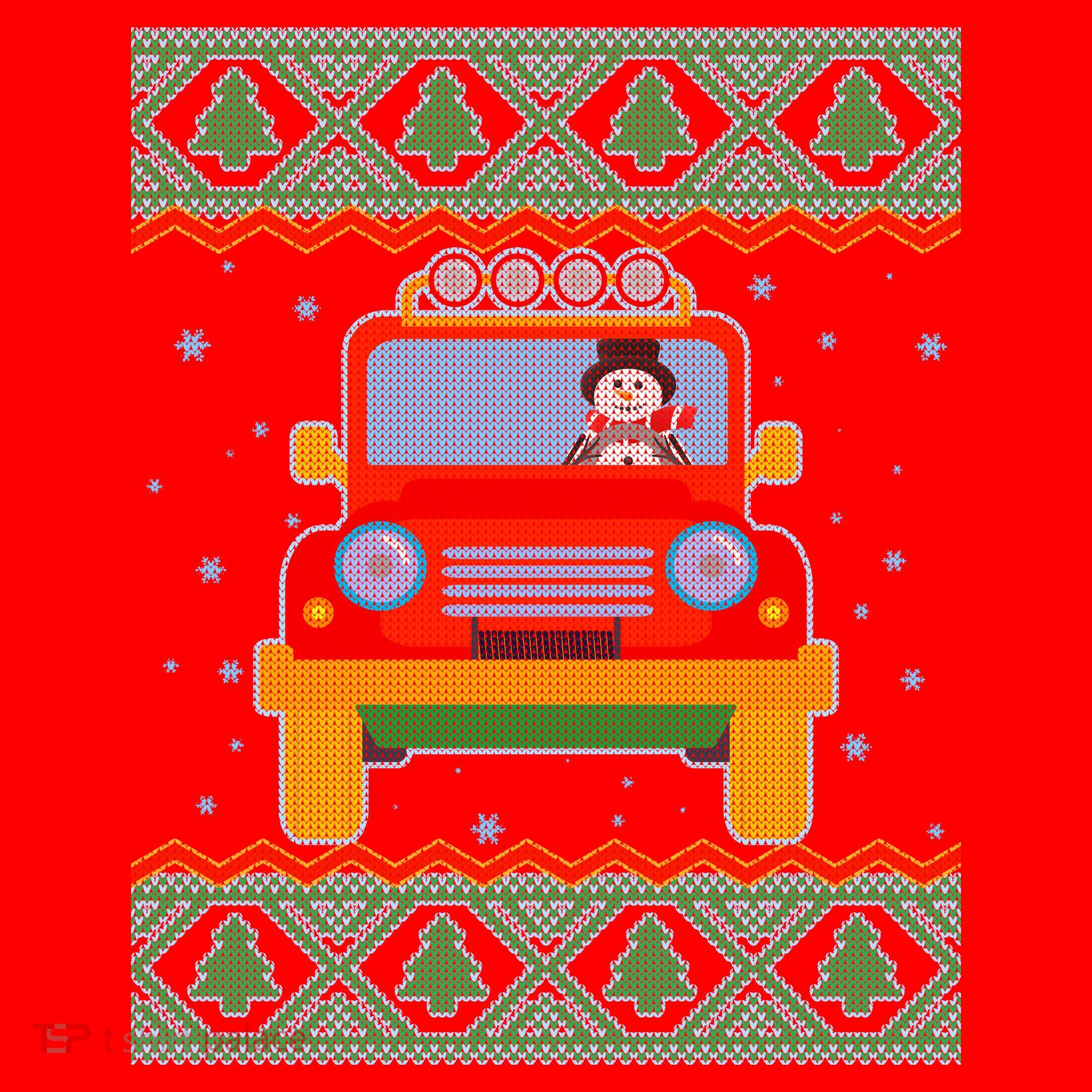 Driving Snowman Truck Ugly Christmas Sweater Santa Hat