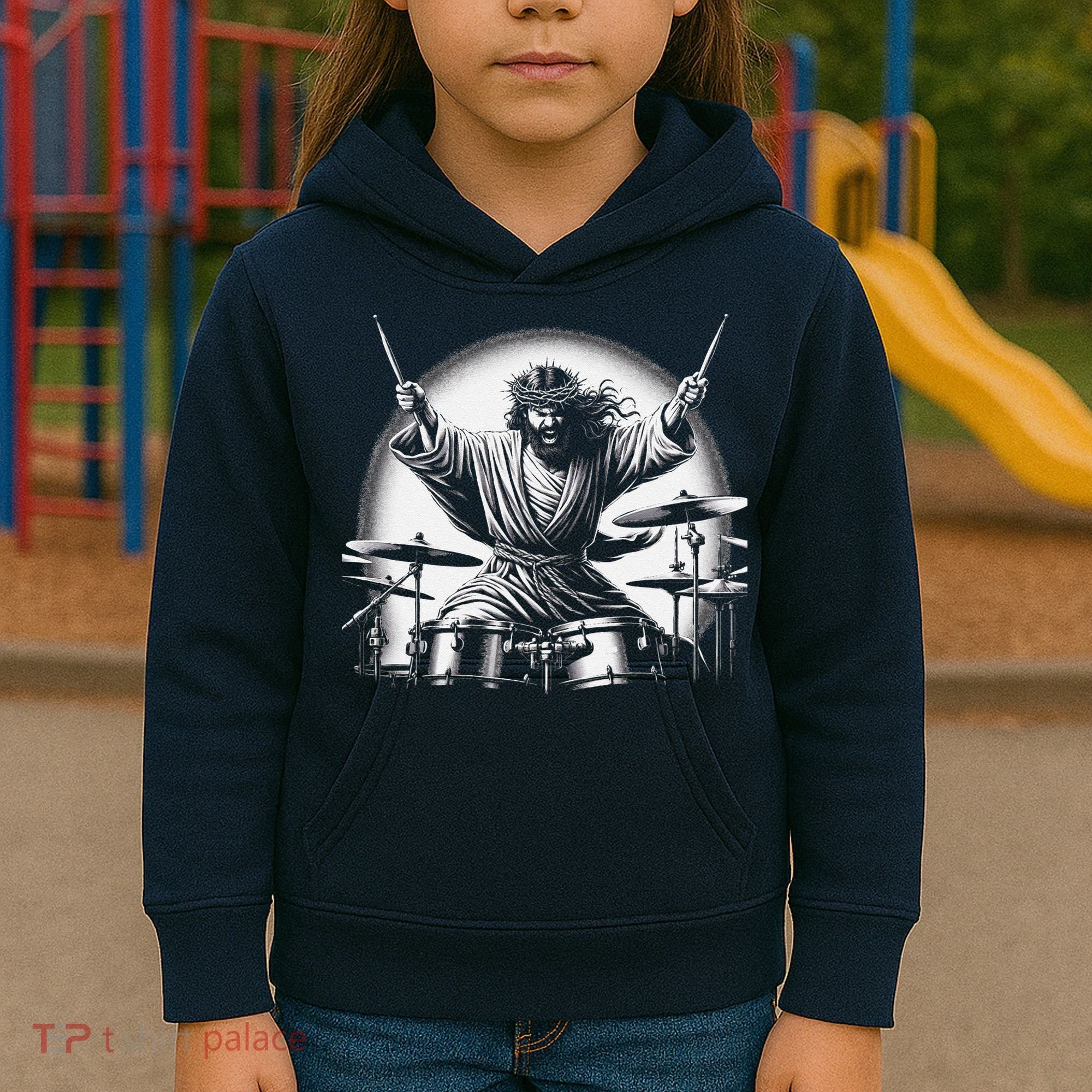 Drummer Rock Jesus Drumming Kids Hoodie