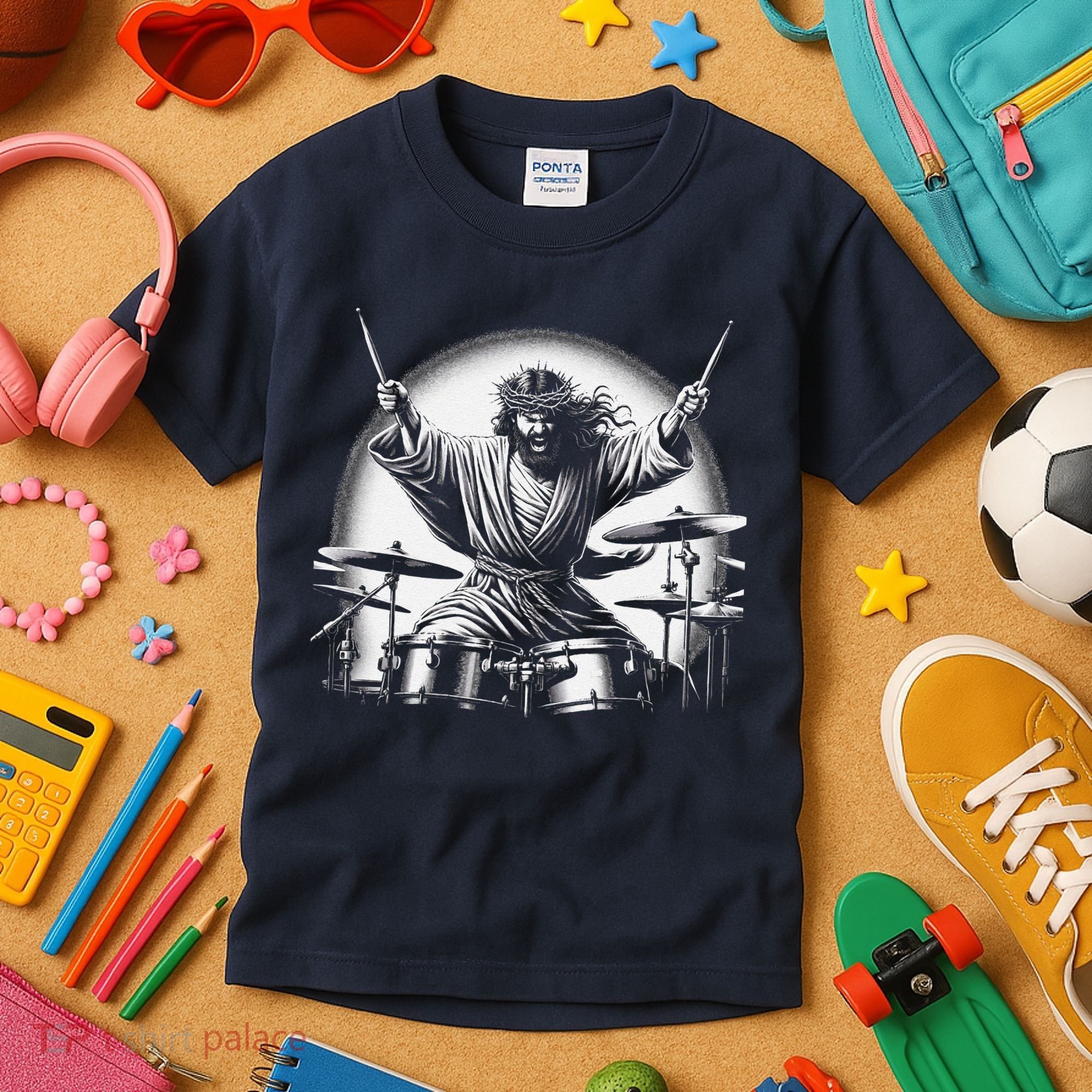 Drummer Rock Jesus Drumming Kids T-Shirt