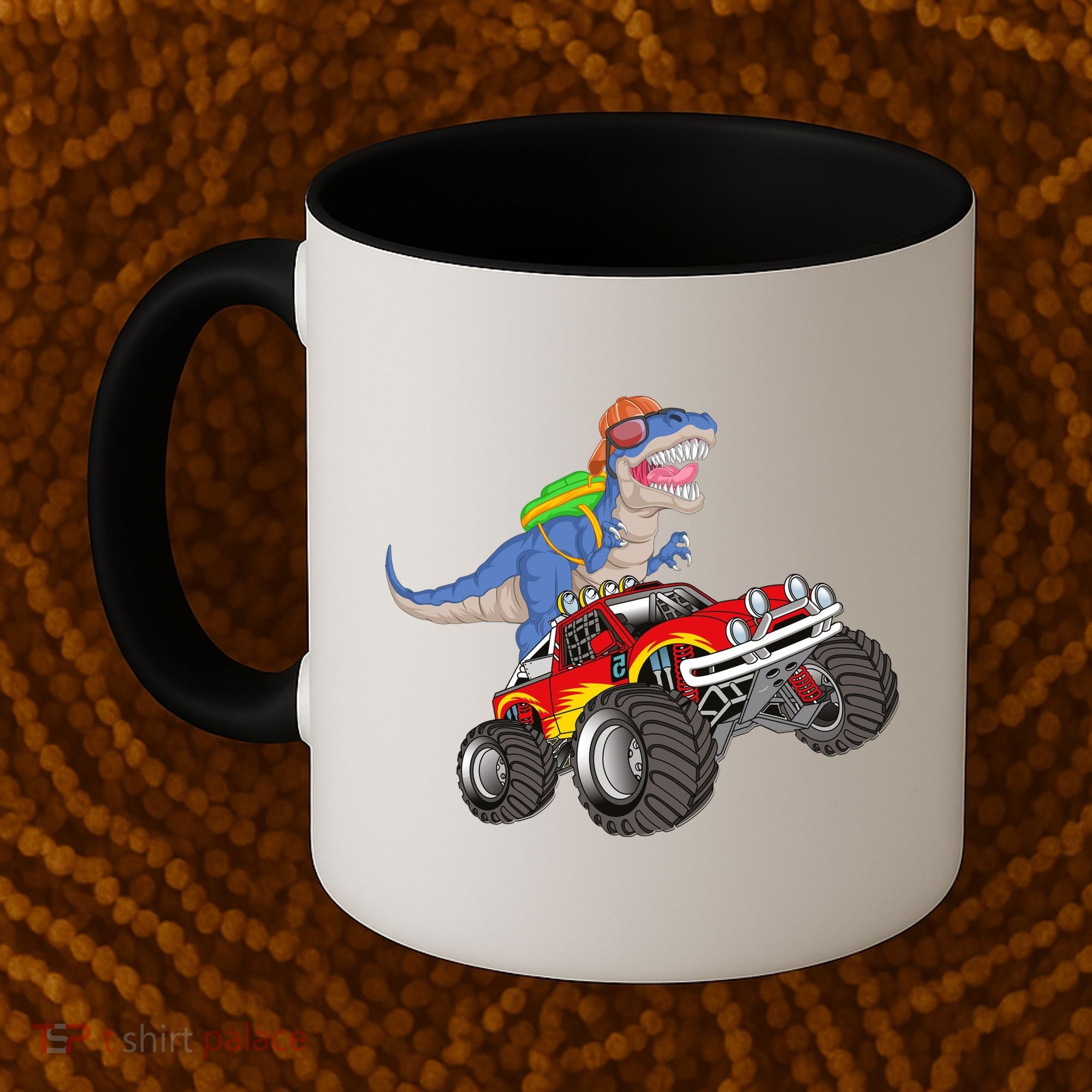 Dinosaur Riding Monster Truck Coffee Mug