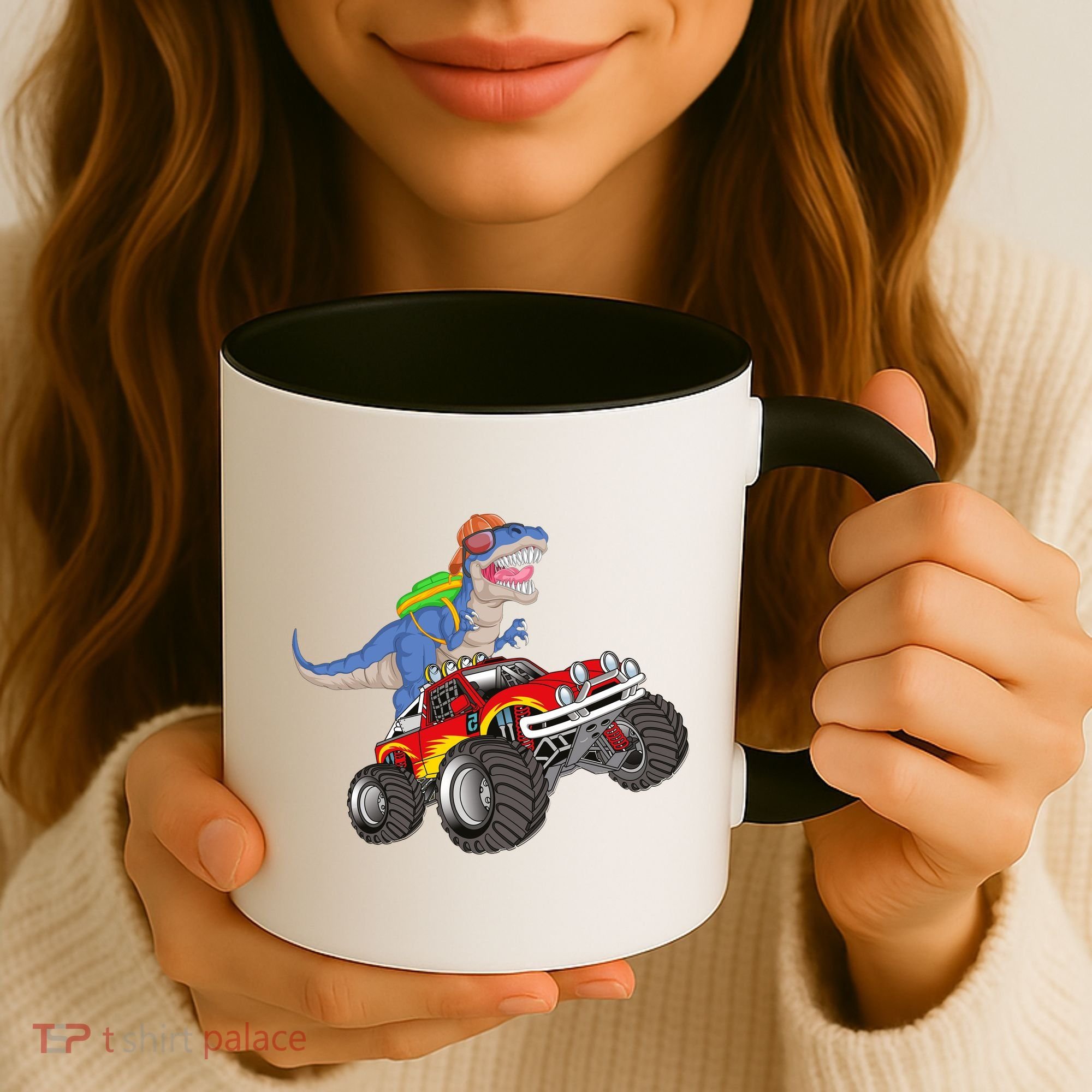 Dinosaur Riding Monster Truck Coffee Mug
