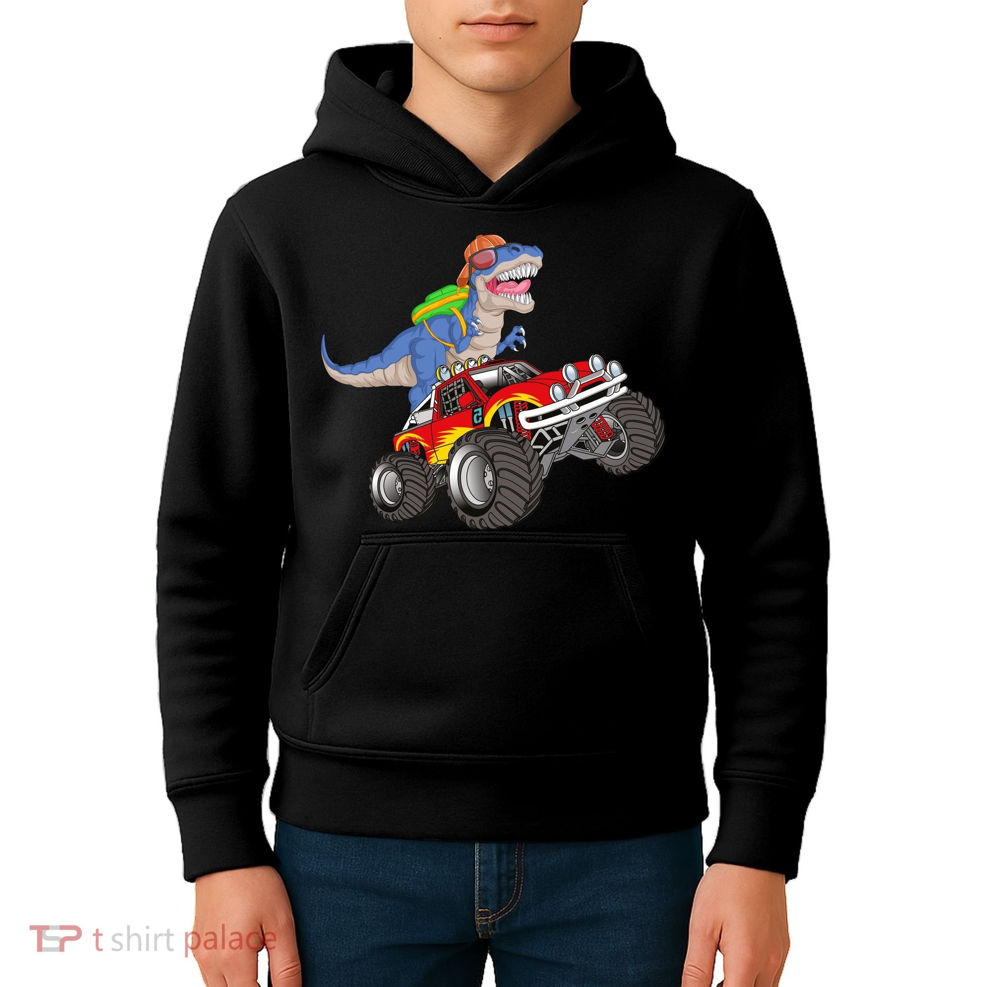 Dinosaur Riding Monster Truck Kids Hoodie