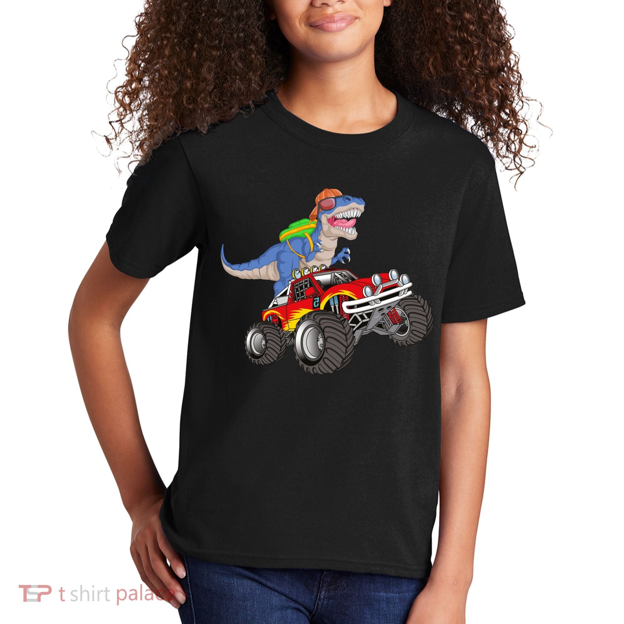 Dinosaur Riding Monster Truck Kids T-Shirt
