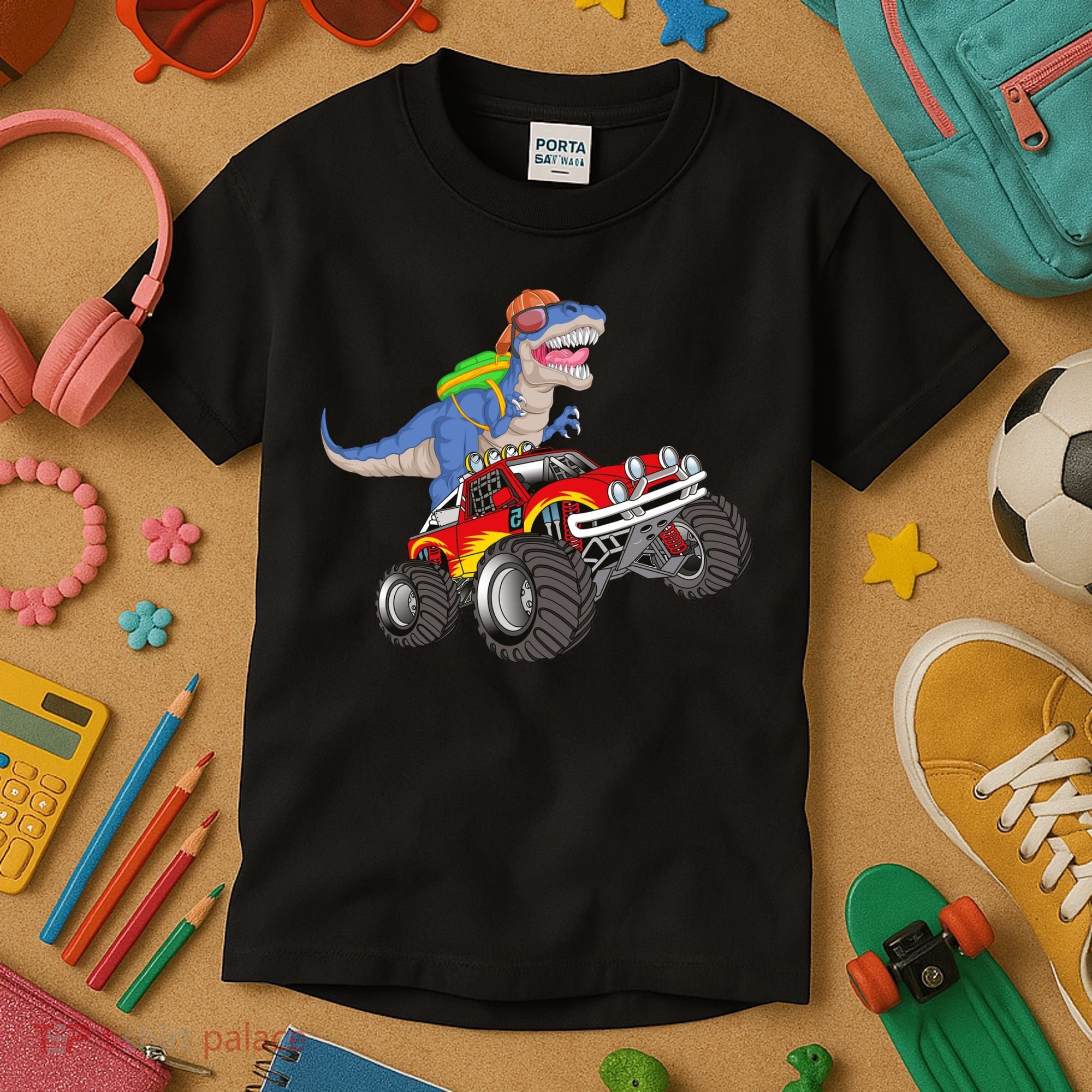 Dinosaur Riding Monster Truck Kids T-Shirt