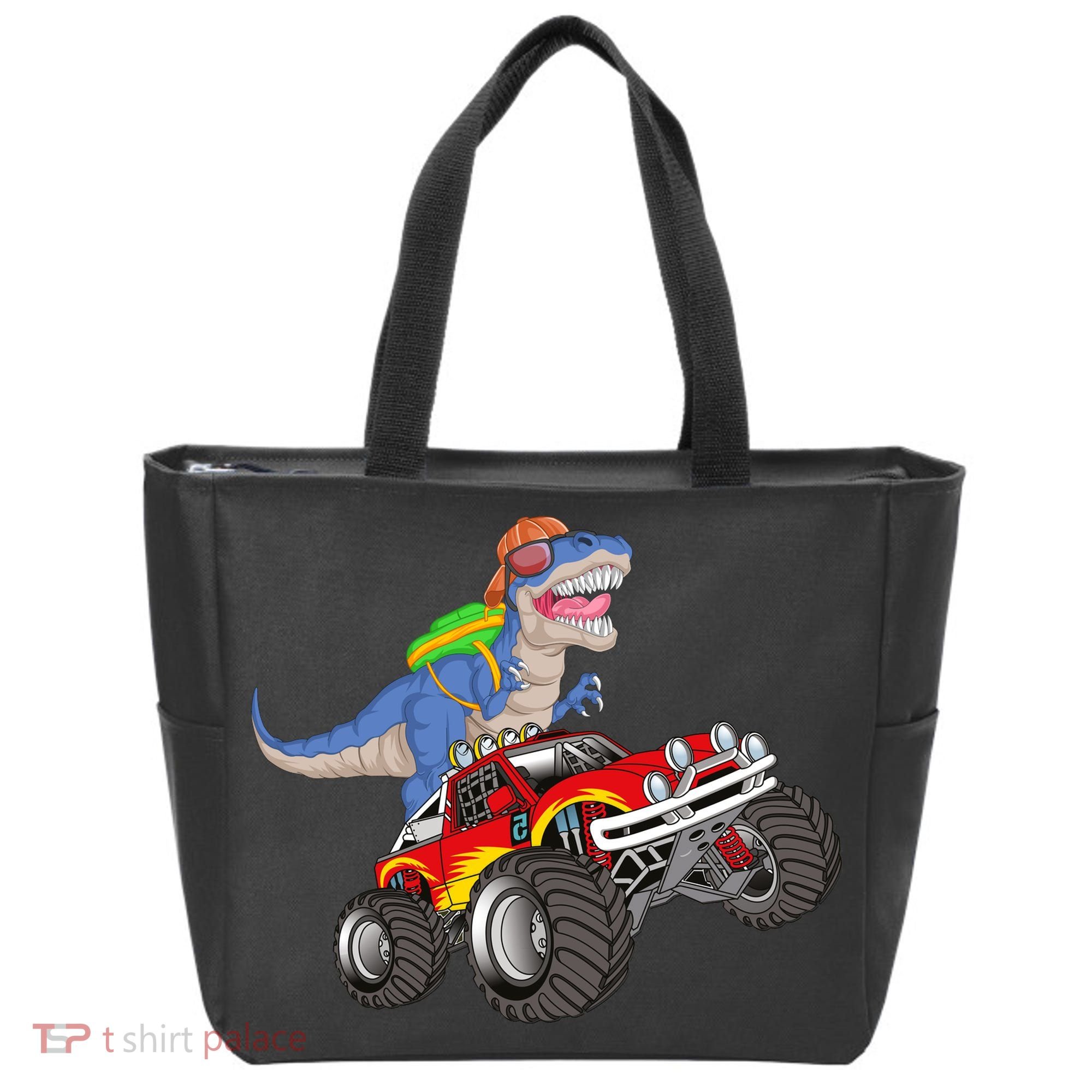 Dinosaur Riding Monster Truck Tote Bag