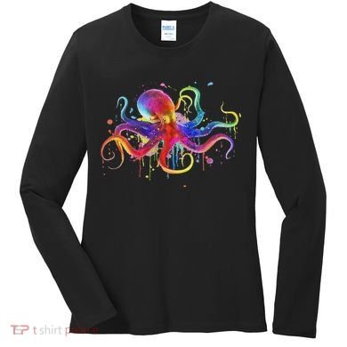 Dripping Rainbow Octopus Psychedelic Colorful Octopus Women's Long Sleeve Shirt