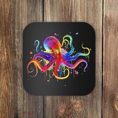 Dripping Rainbow Octopus Psychedelic Colorful Octopus Coaster