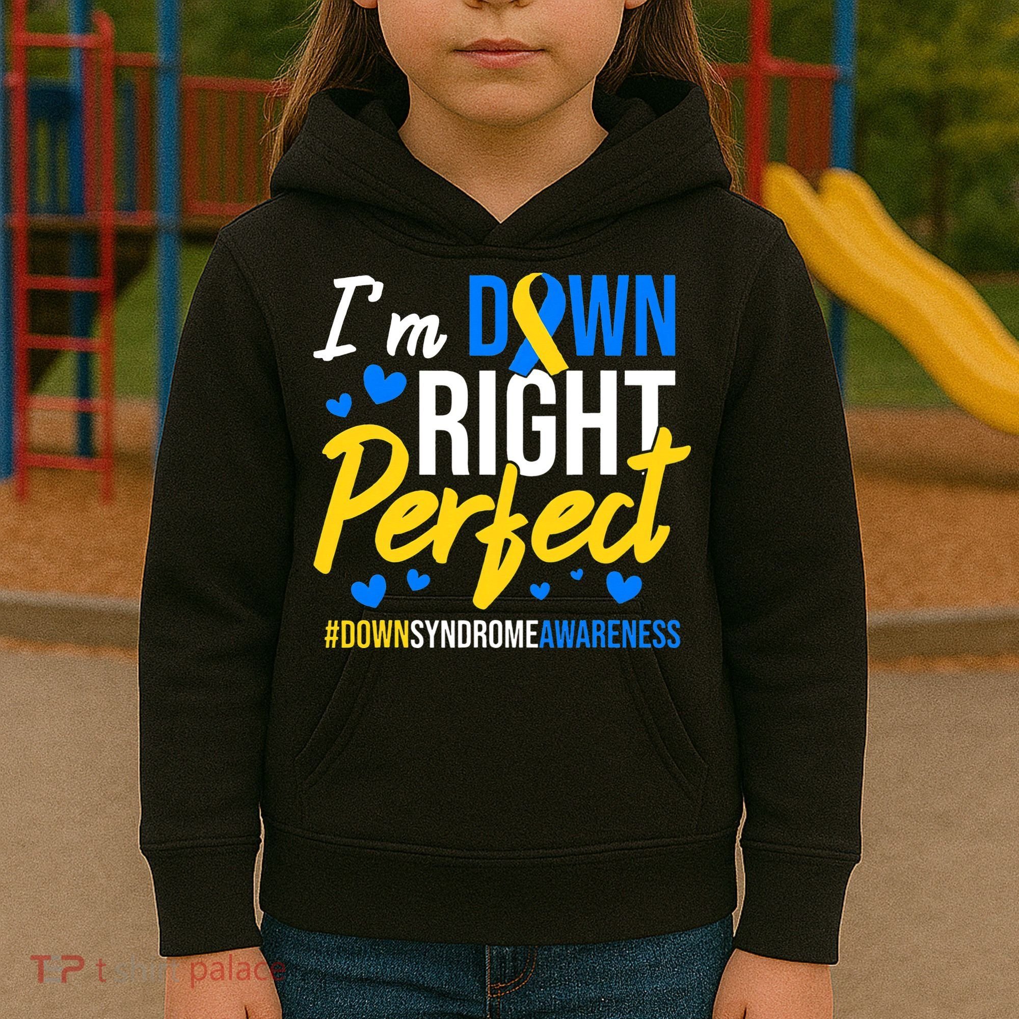 Down Right Perfect World Down Syndrome Awareness Day Ribbon Kids Hoodie