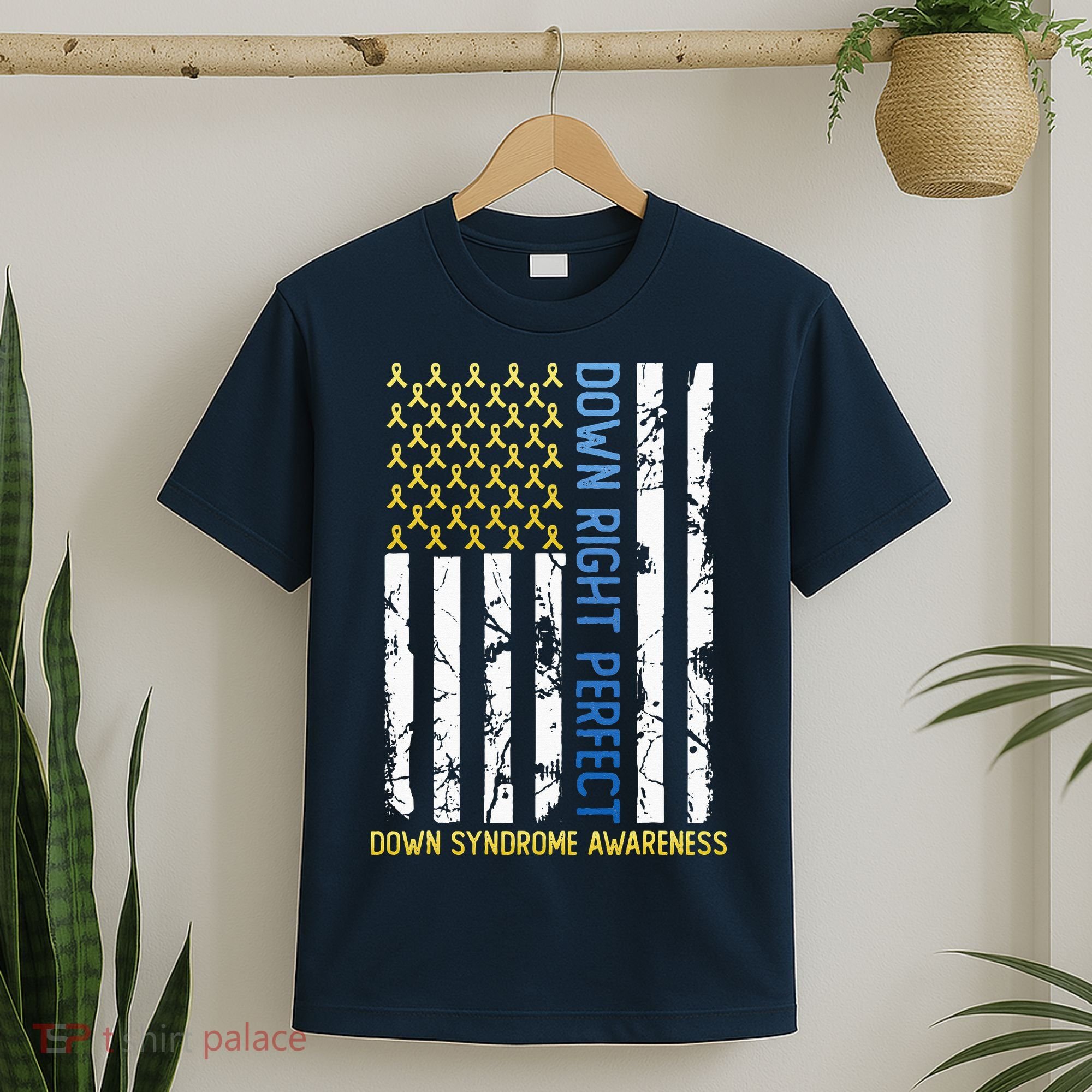 Down Right Perfect Yellow & Blue American Flag Down Syndrome T-Shirt
