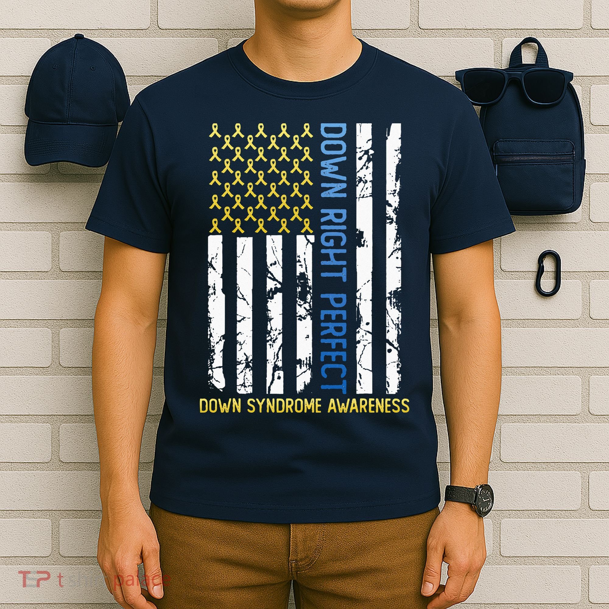 Down Right Perfect Yellow & Blue American Flag Down Syndrome T-Shirt