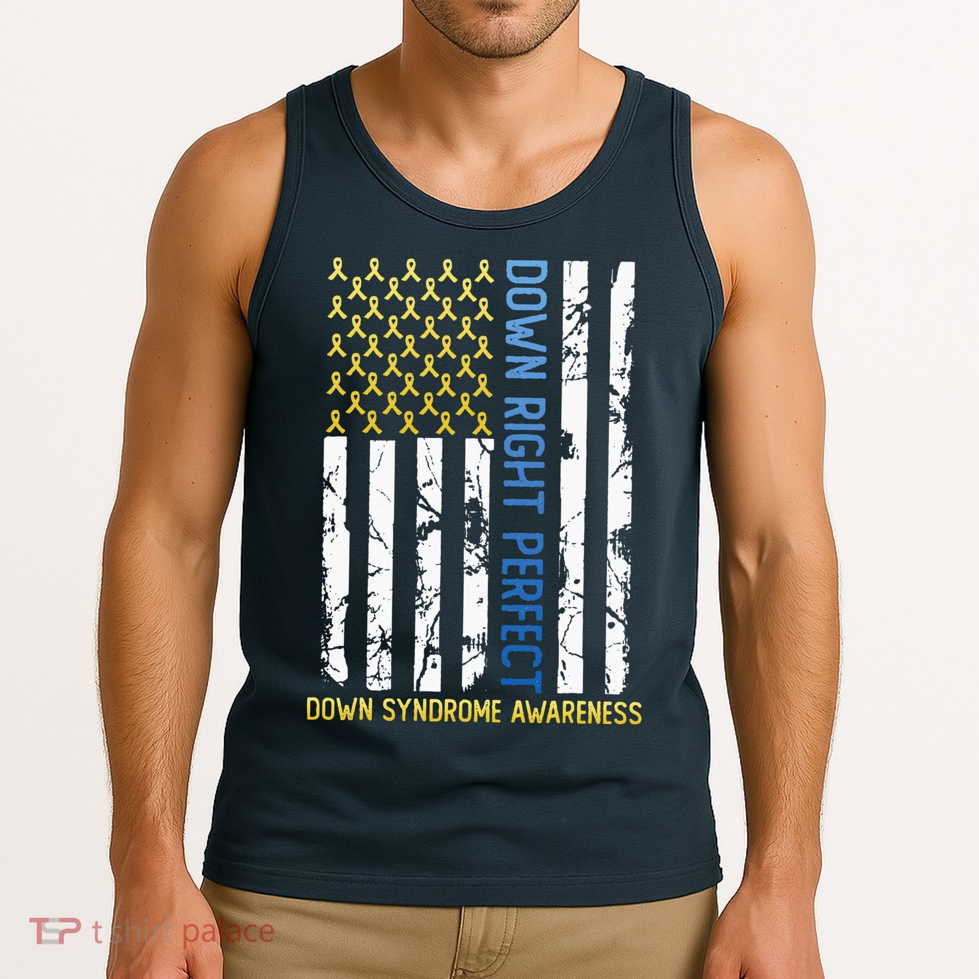 Down Right Perfect Yellow & Blue American Flag Down Syndrome Tank Top