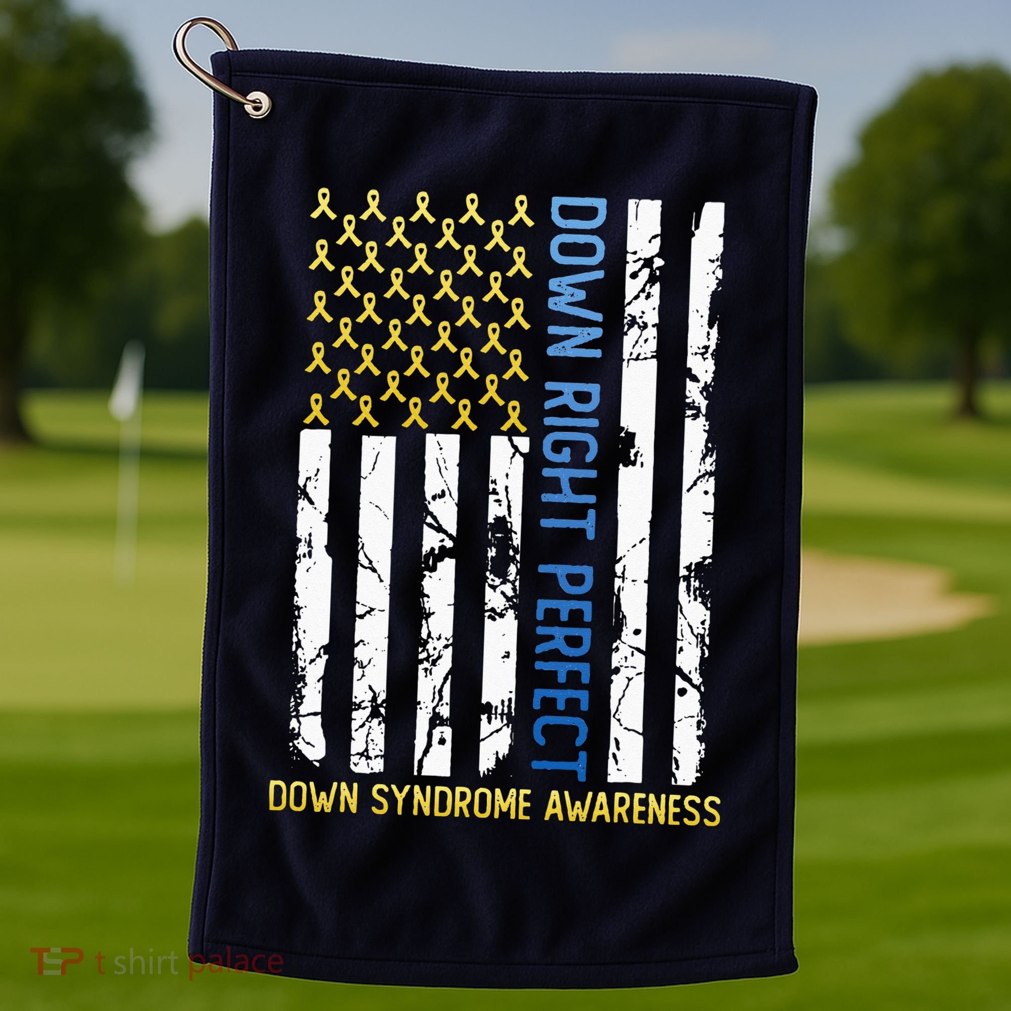 Down Right Perfect Yellow & Blue American Flag Down Syndrome Golf Towel