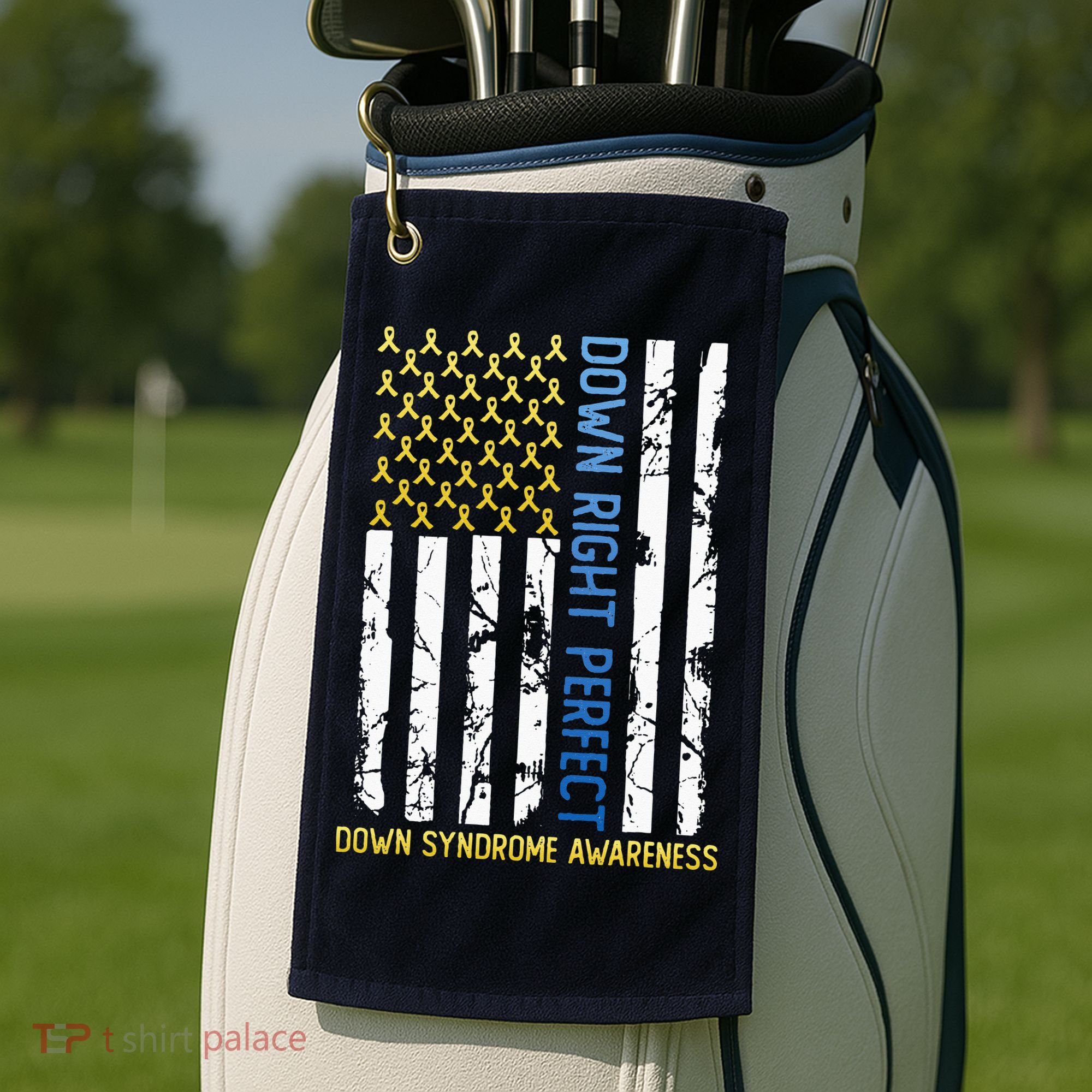 Down Right Perfect Yellow & Blue American Flag Down Syndrome Golf Towel