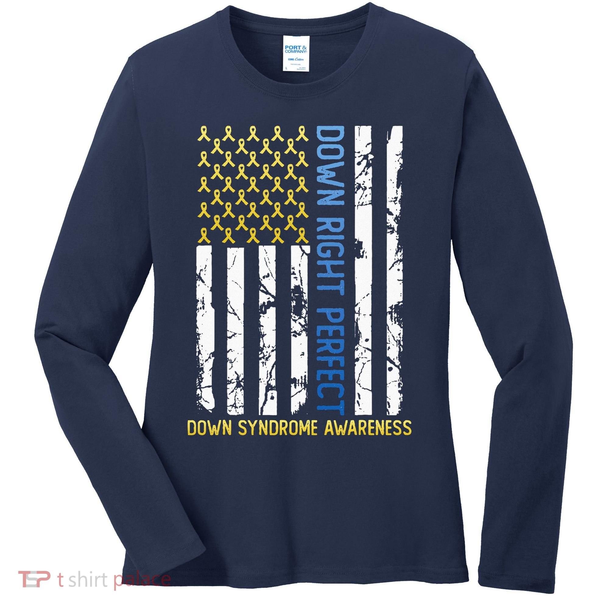 Down Right Perfect Yellow & Blue American Flag Down Syndrome Women's Long Sleeve Shirt