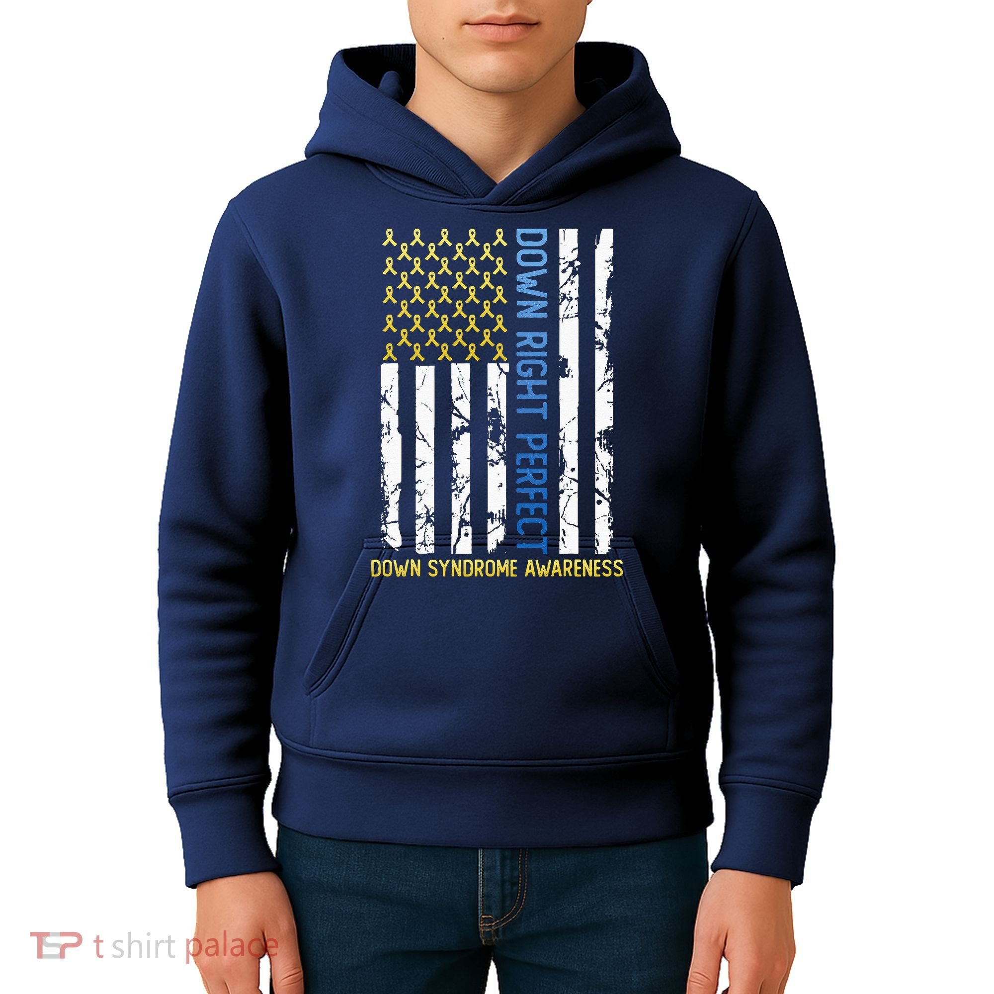 Down Right Perfect Yellow & Blue American Flag Down Syndrome Kids Hoodie