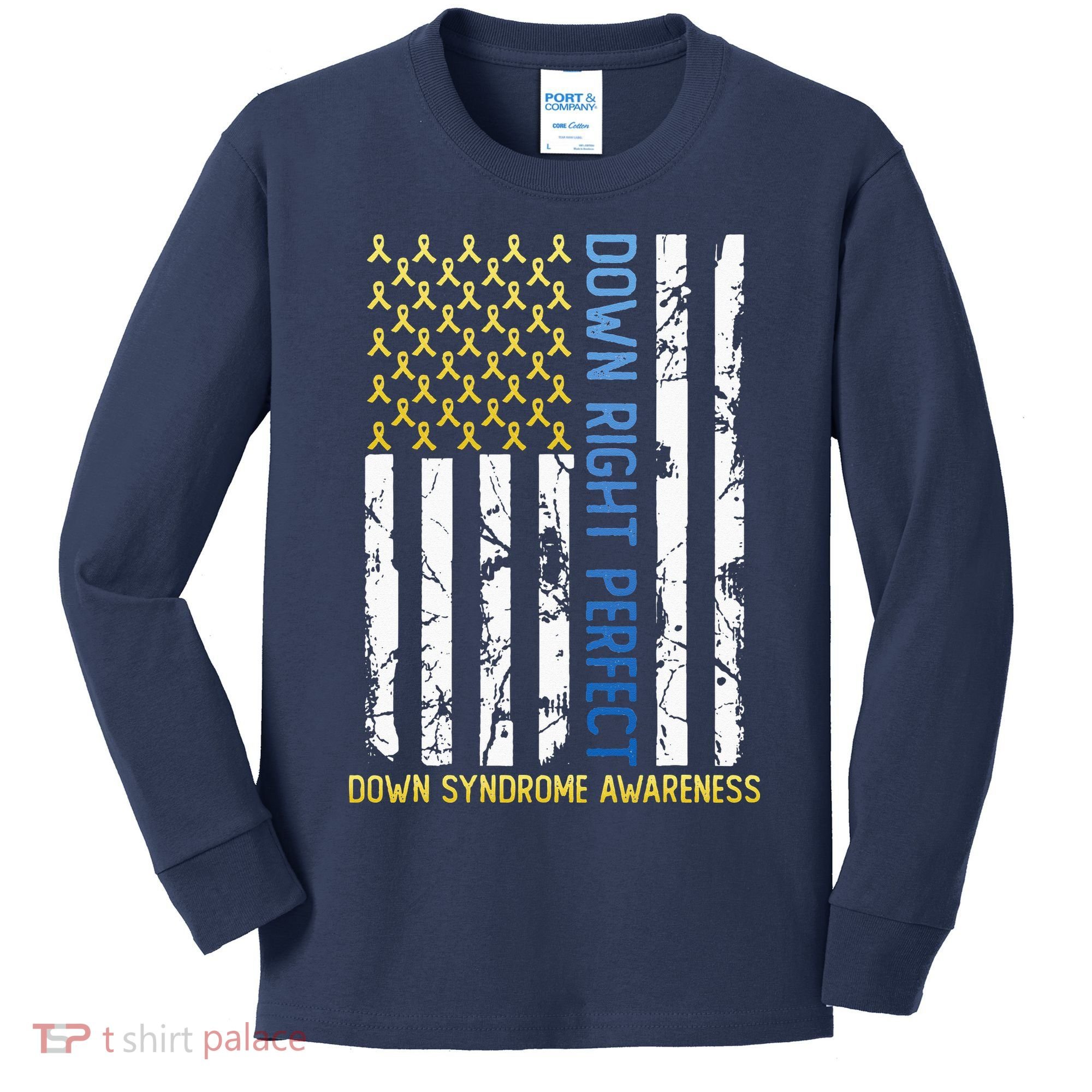 Down Right Perfect Yellow & Blue American Flag Down Syndrome Kids Long Sleeve Shirt