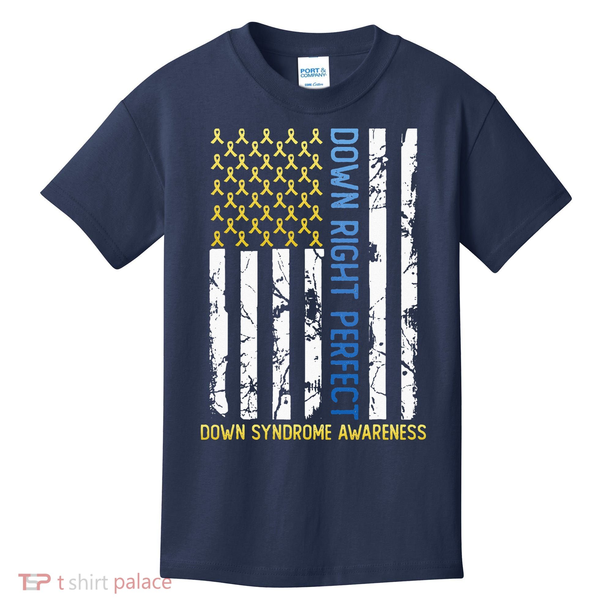 Down Right Perfect Yellow & Blue American Flag Down Syndrome Kids T-Shirt