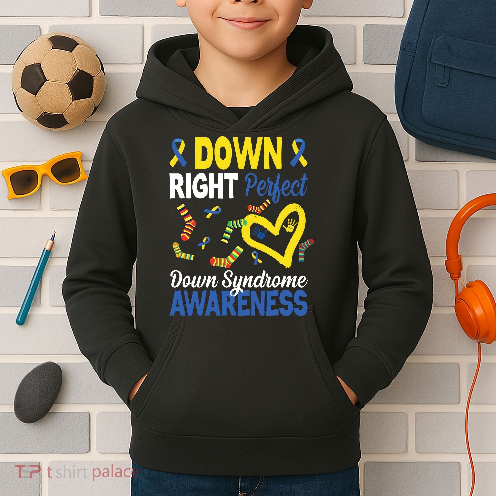 Down Right Perfect Down Syndrome Awareness Heart Sock Kids Hoodie