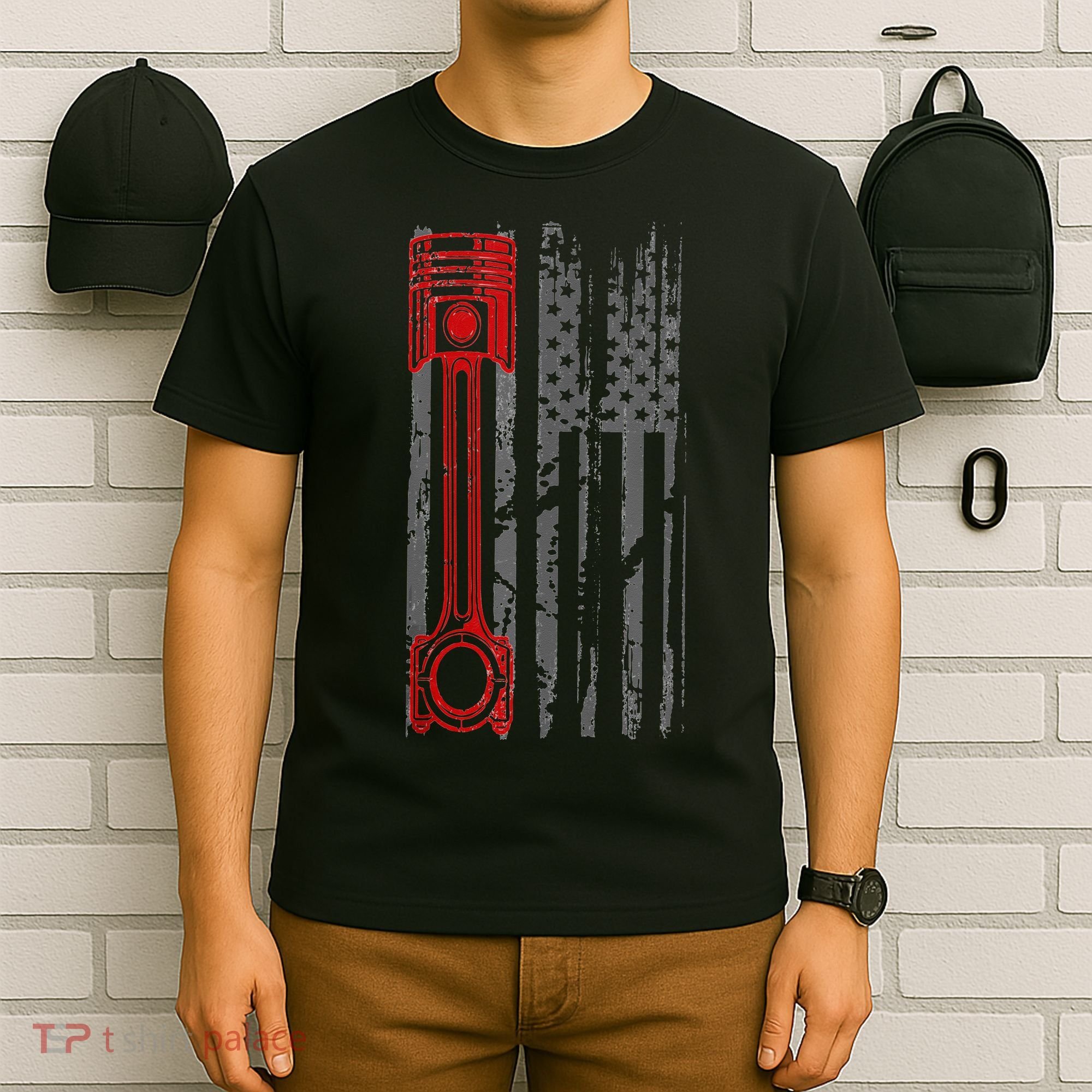 Drag Racer Pistons Patriotic American Flag Drag Racing T-Shirt