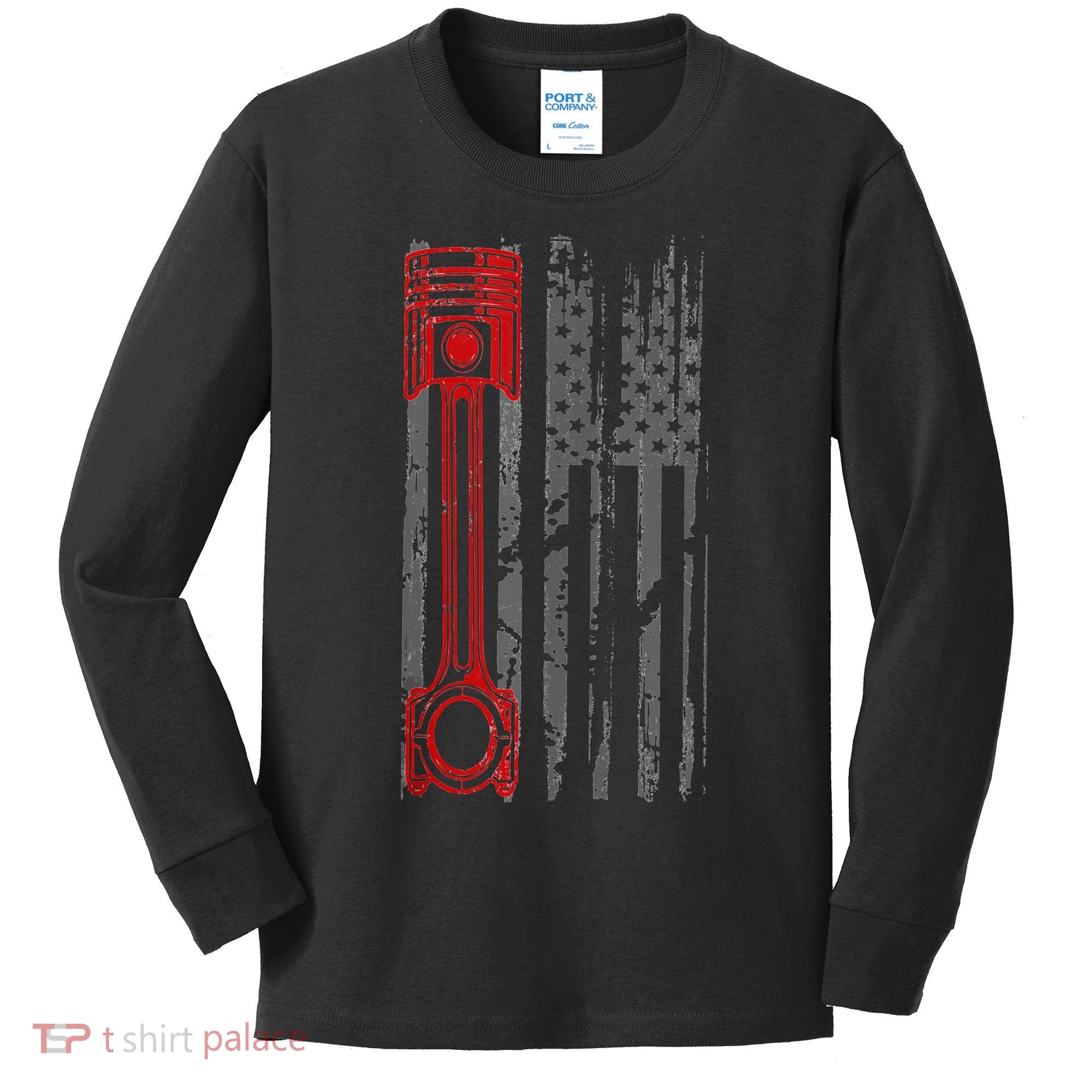 Drag Racer Pistons Patriotic American Flag Drag Racing Kids Long Sleeve Shirt