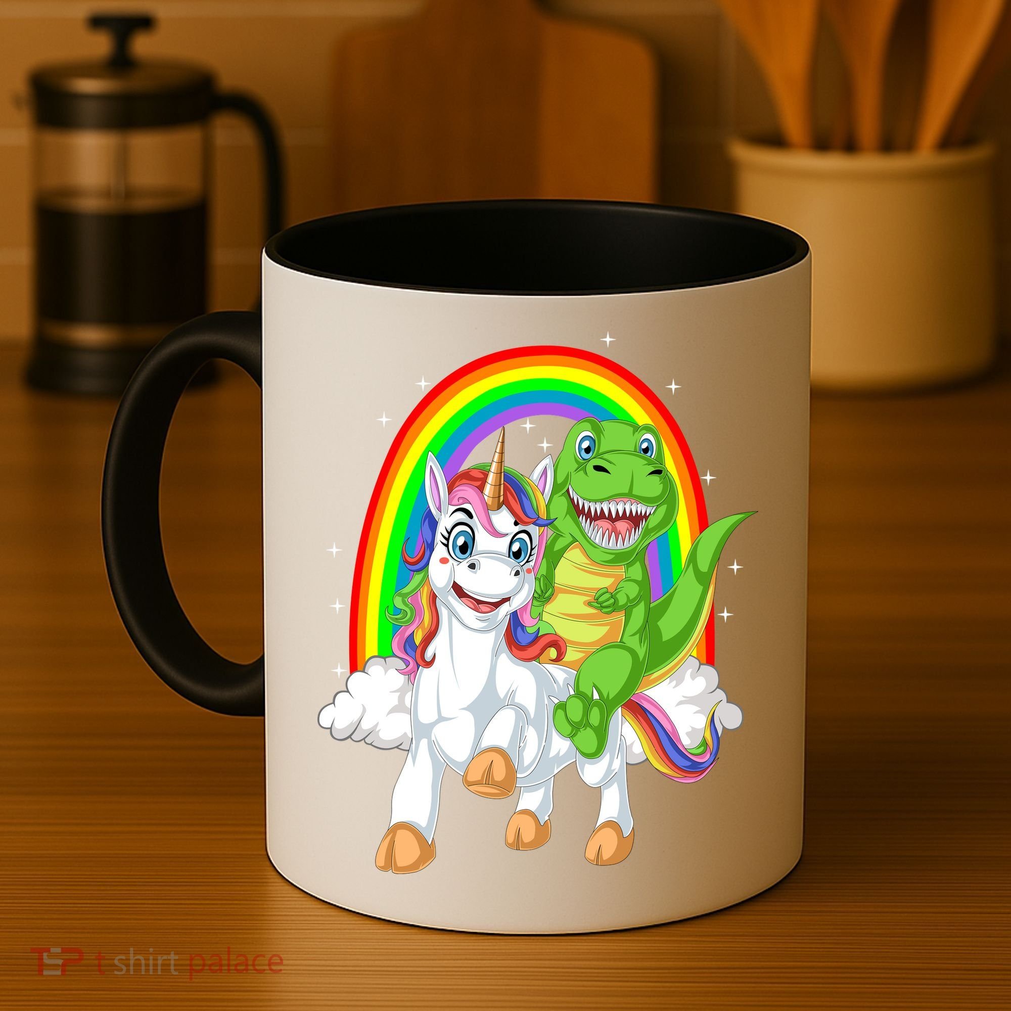 Dinosaur Riding Unicorn Coffee Mug