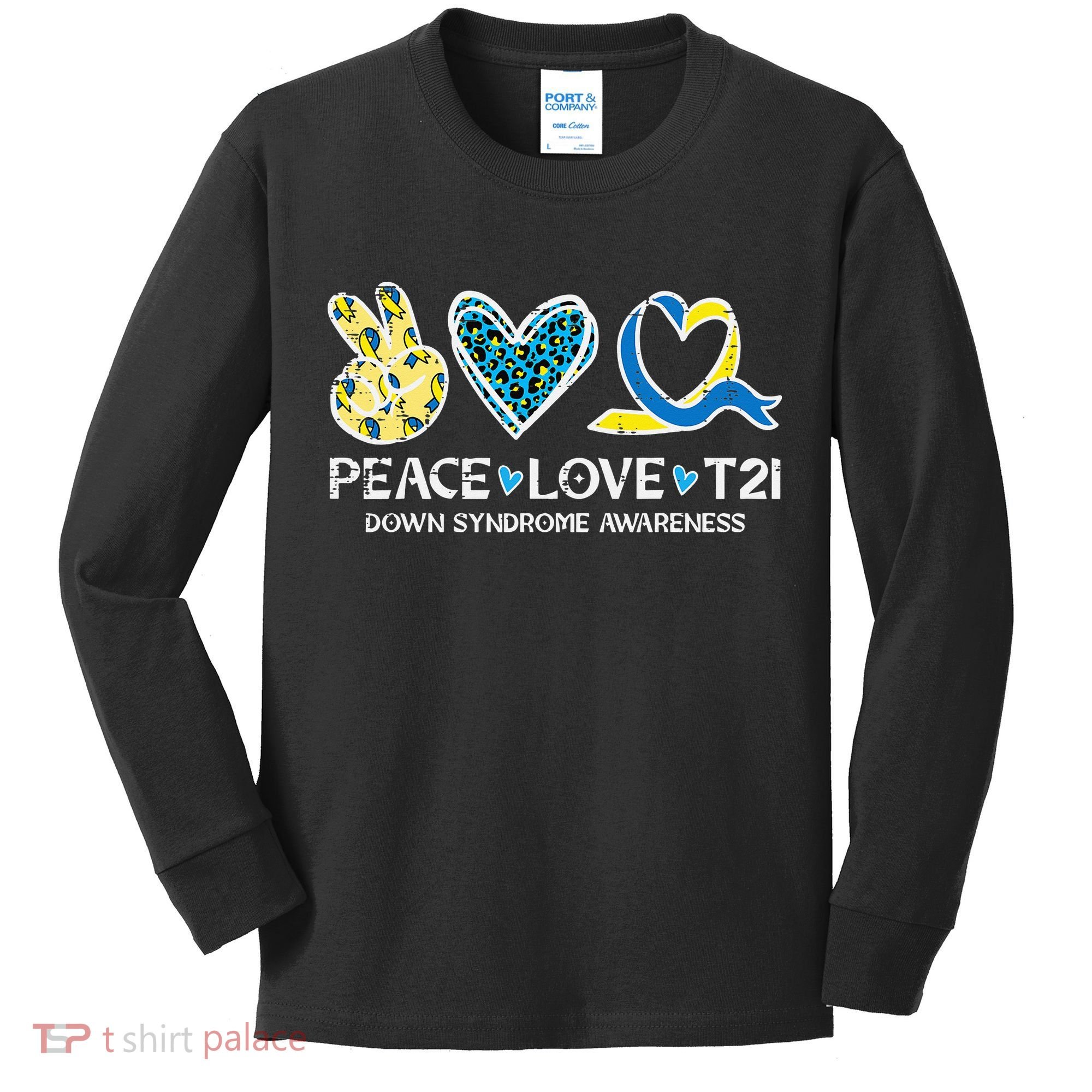 Down Syndrome Awareness Peace Love T21 WDSD Kids Long Sleeve Shirt