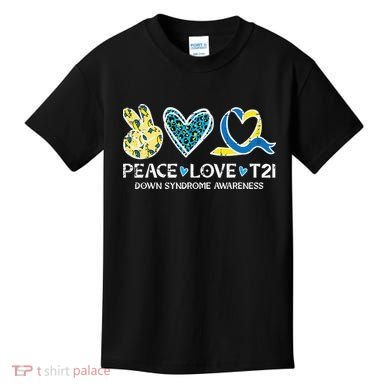 Down Syndrome Awareness Peace Love T21 WDSD Kids T-Shirt