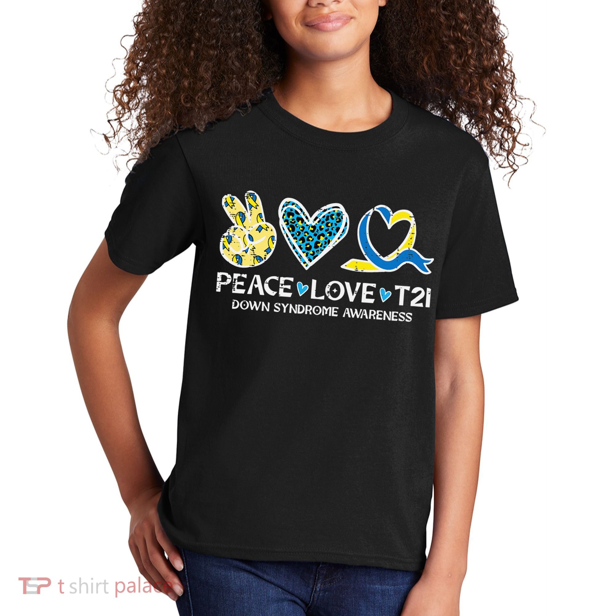 Down Syndrome Awareness Peace Love T21 WDSD Kids T-Shirt