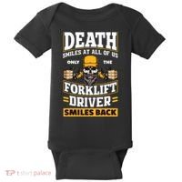 Death Smiles At Us Funny Forklift Driver Forklift Operator Baby Bodysuit thumb 0