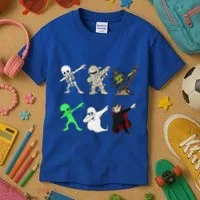 Dabbing Skeleton And Monsters Halloween Dracula Kids T-Shirt thumb 3