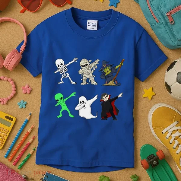 Dabbing Skeleton And Monsters Halloween Dracula Kids T-Shirt