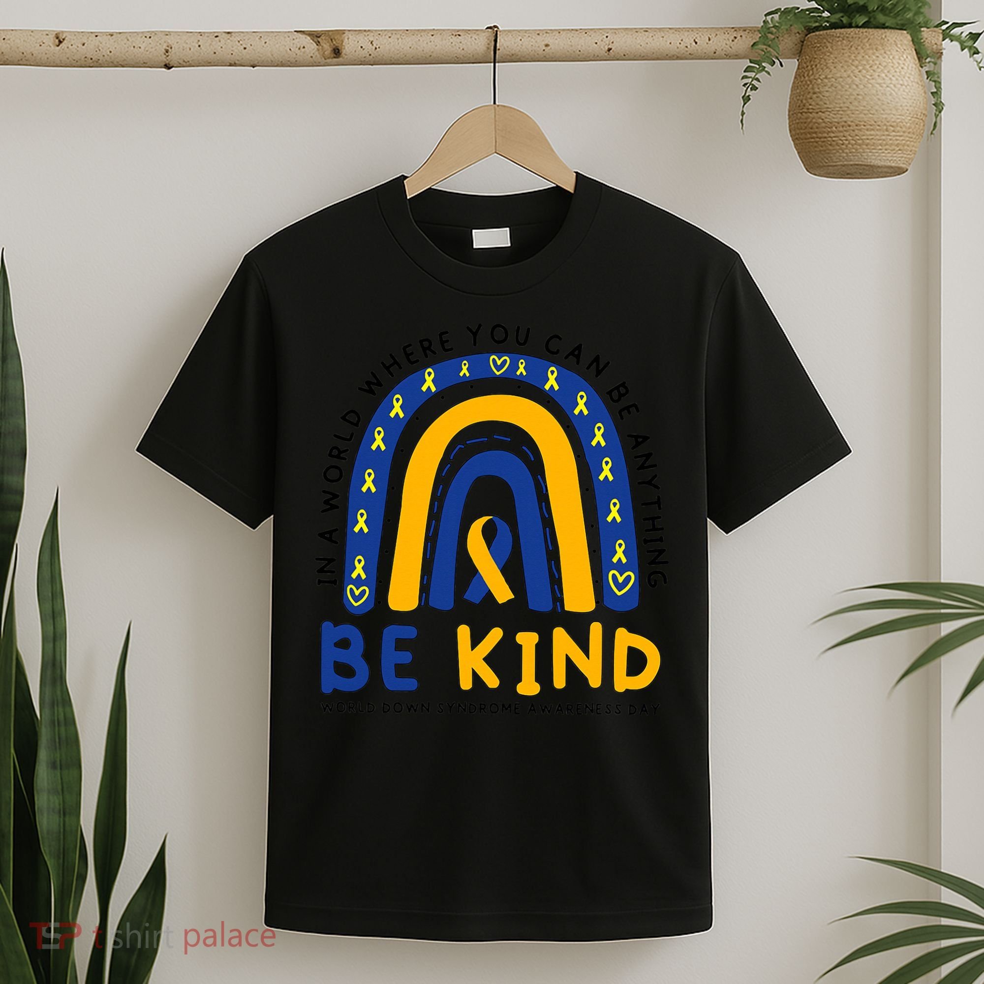 Down Syndrome Awareness Be Kind Blue Yellow Ribbon Rainbow T-Shirt