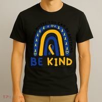 Down Syndrome Awareness Be Kind Blue Yellow Ribbon Rainbow T-Shirt thumb 3