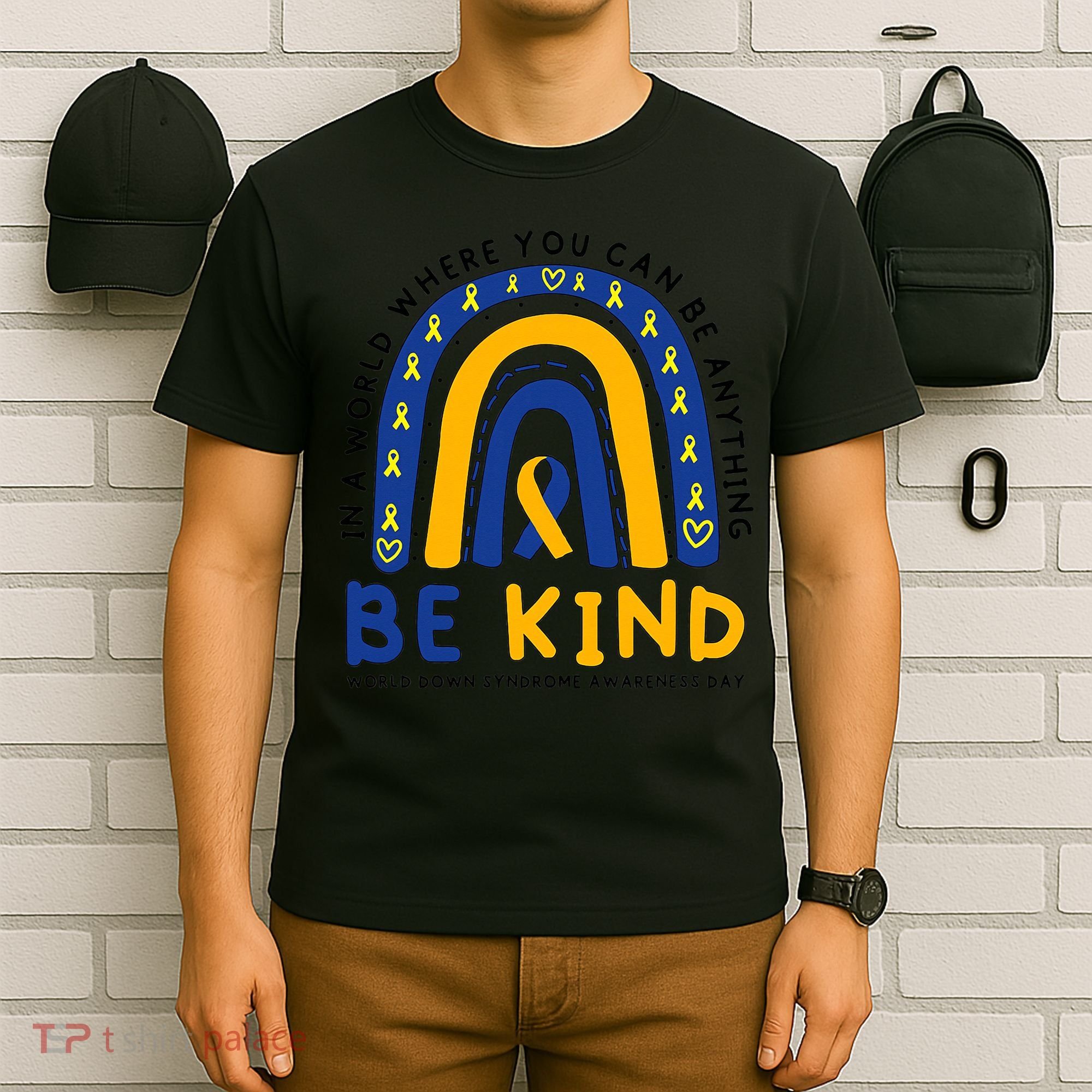 Down Syndrome Awareness Be Kind Blue Yellow Ribbon Rainbow T-Shirt