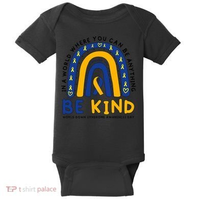 Down Syndrome Awareness Be Kind Blue Yellow Ribbon Rainbow Baby Bodysuit