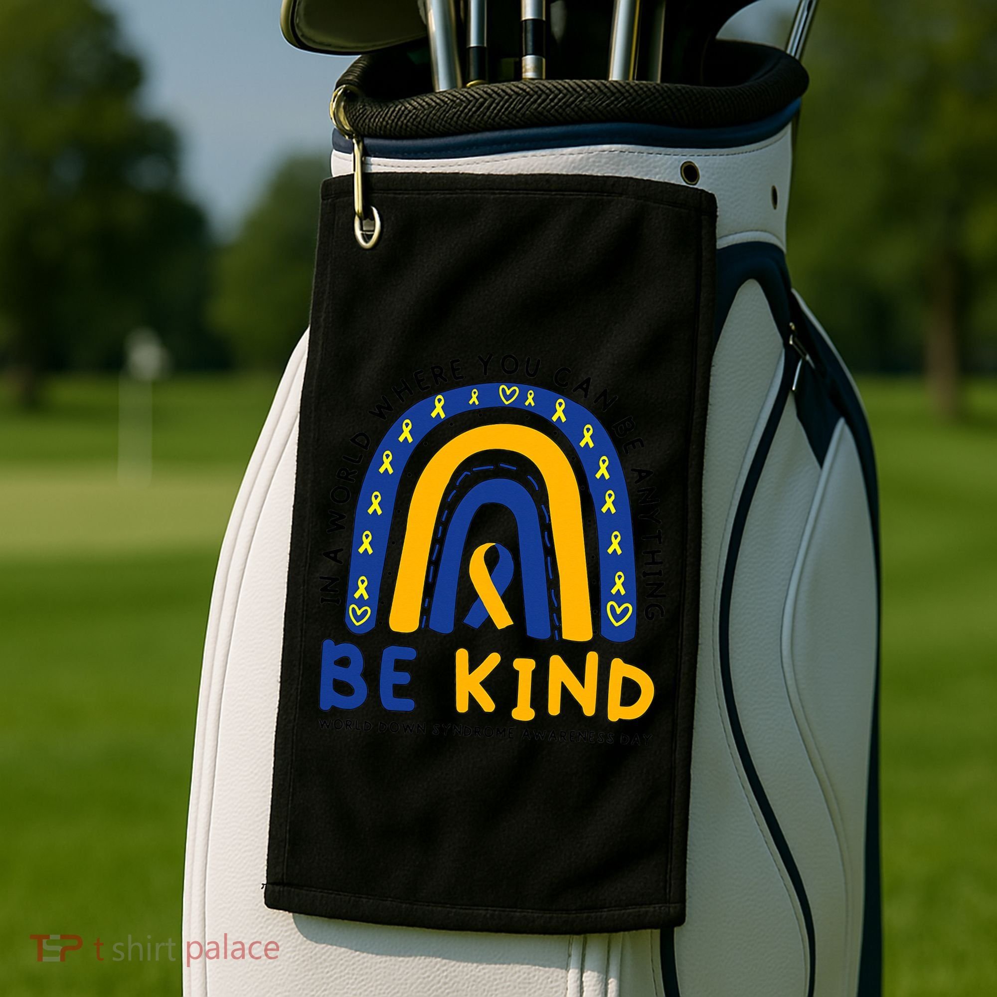Down Syndrome Awareness Be Kind Blue Yellow Ribbon Rainbow Golf Towel