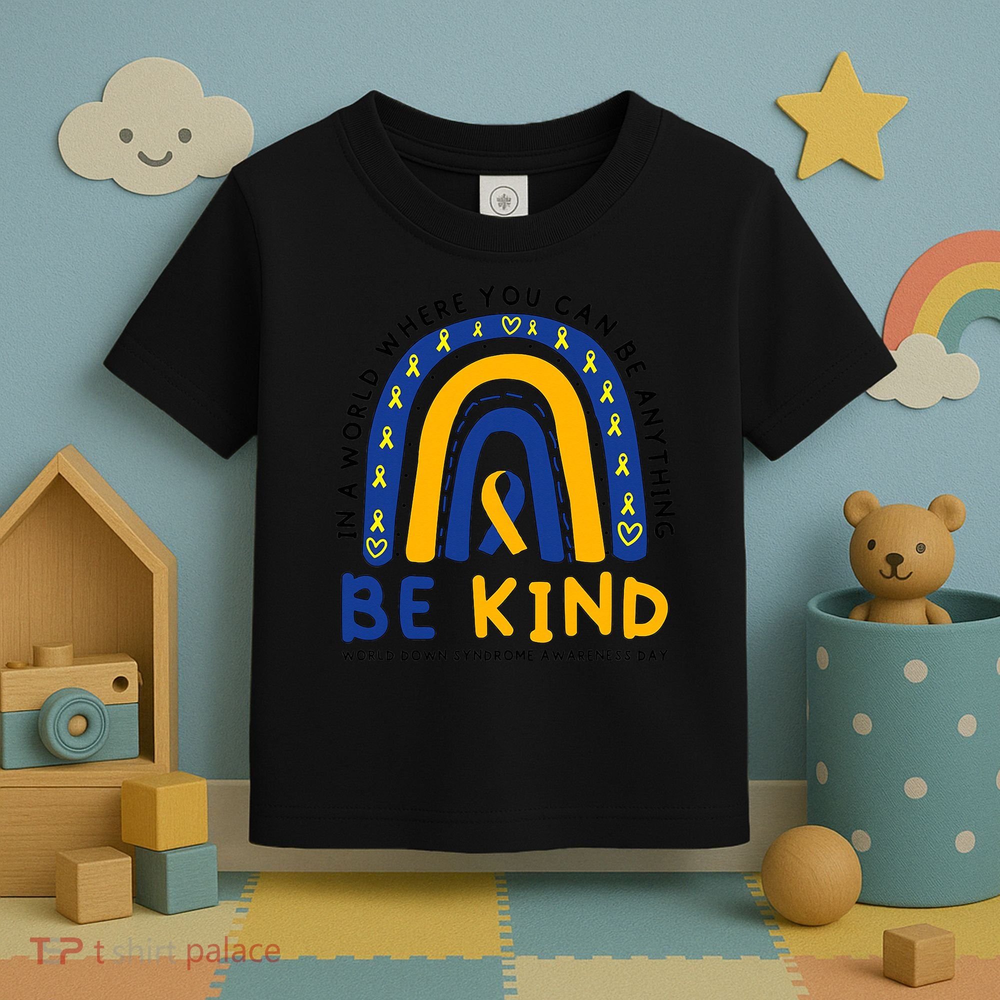 Down Syndrome Awareness Be Kind Blue Yellow Ribbon Rainbow Toddler T-Shirt