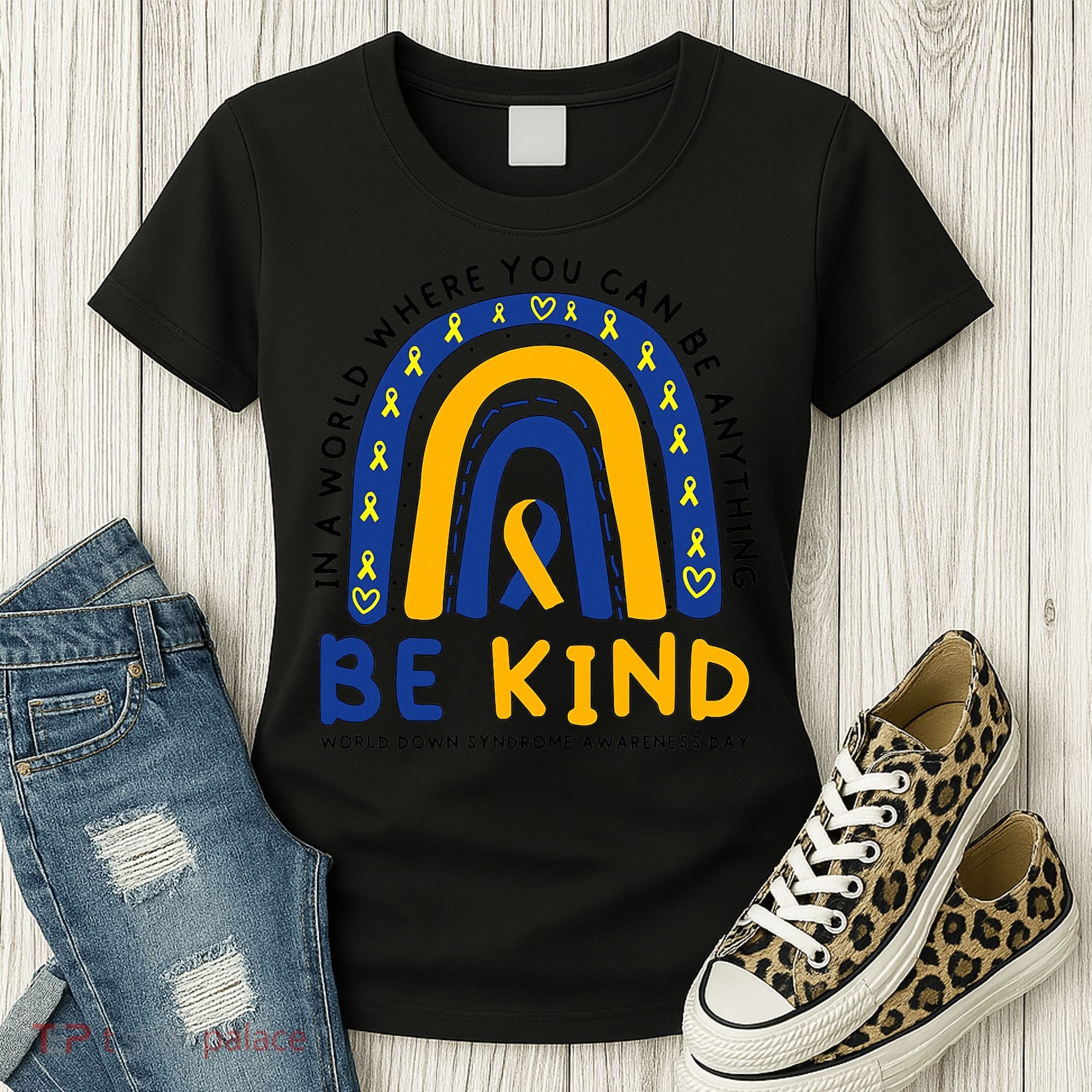 Down Syndrome Awareness Be Kind Blue Yellow Ribbon Rainbow Women's T-Shirt