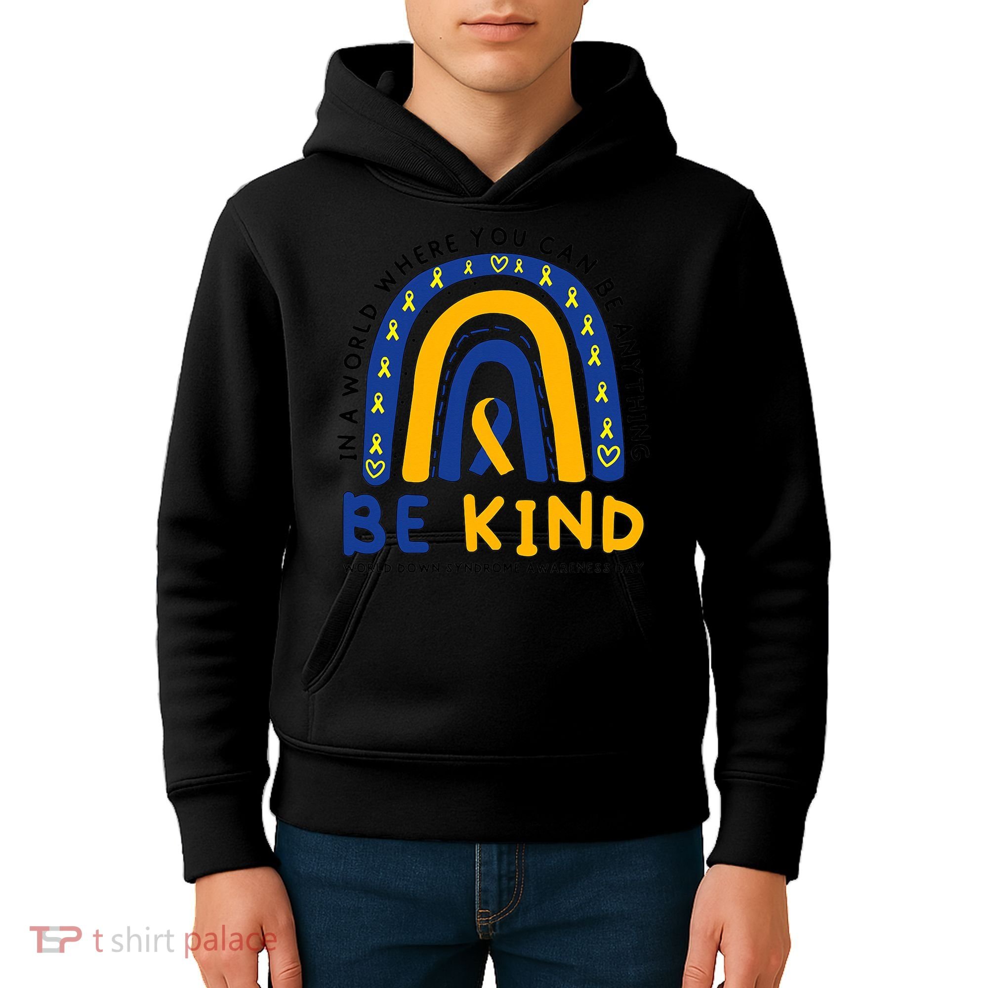 Down Syndrome Awareness Be Kind Blue Yellow Ribbon Rainbow Kids Hoodie