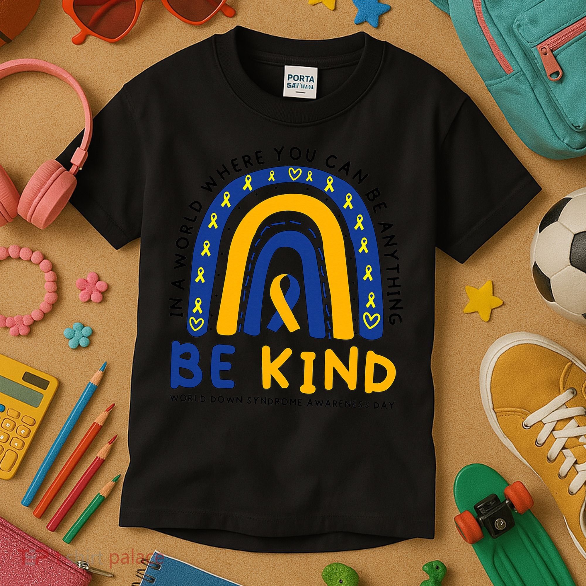 Down Syndrome Awareness Be Kind Blue Yellow Ribbon Rainbow Kids T-Shirt