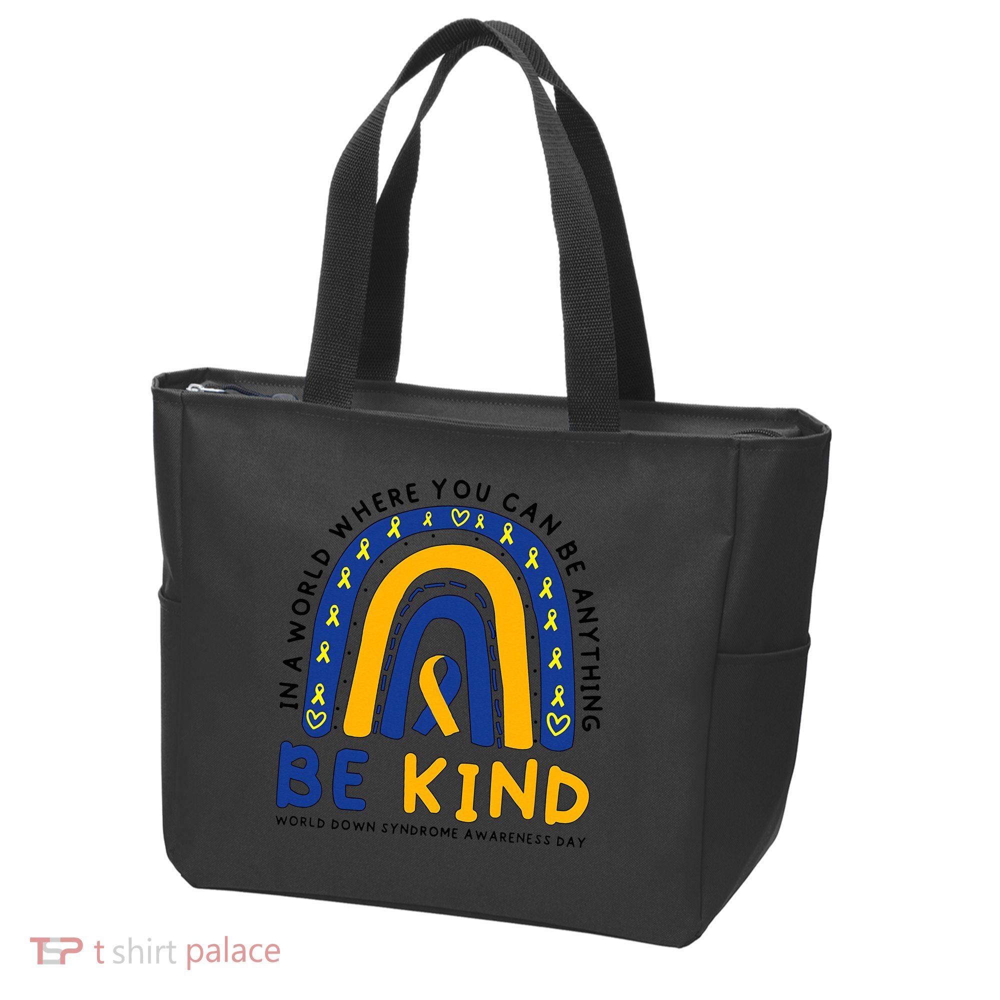 Down Syndrome Awareness Be Kind Blue Yellow Ribbon Rainbow Tote Bag
