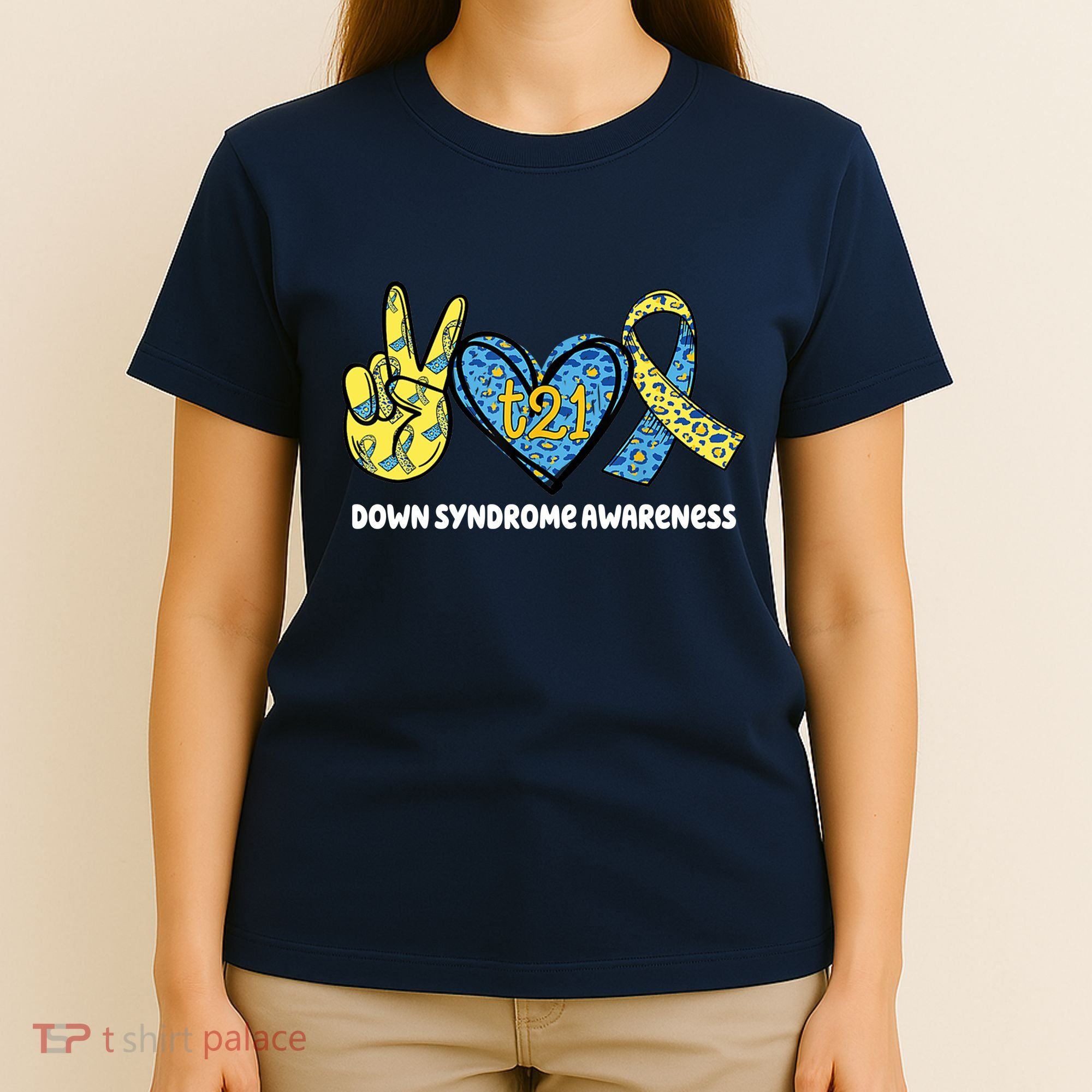 Down Syndrome Awareness T21 Peace Love Ribbon T-Shirt