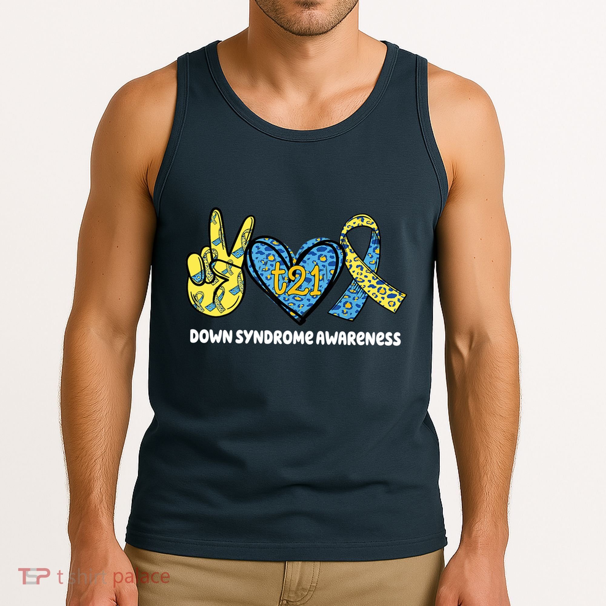 Down Syndrome Awareness T21 Peace Love Ribbon Tank Top