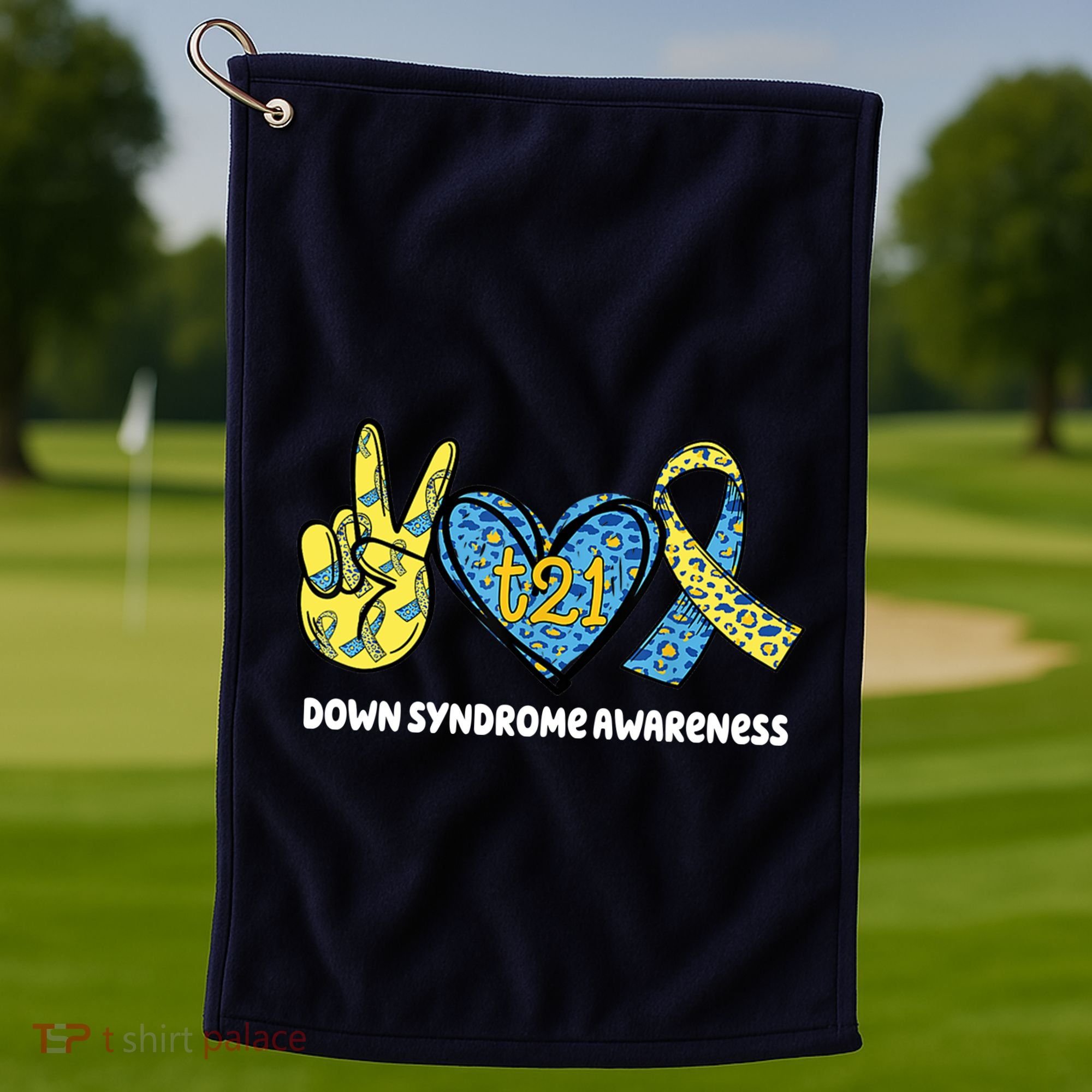 Down Syndrome Awareness T21 Peace Love Ribbon Golf Towel